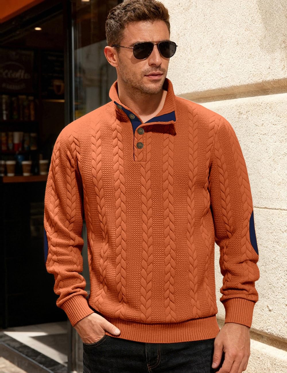 Mens Sweater Knitted Quarter Button Long Sleeve Casual Sweatshirts Quilted Stand Collar Pullover Cable Sweaters - Image 2