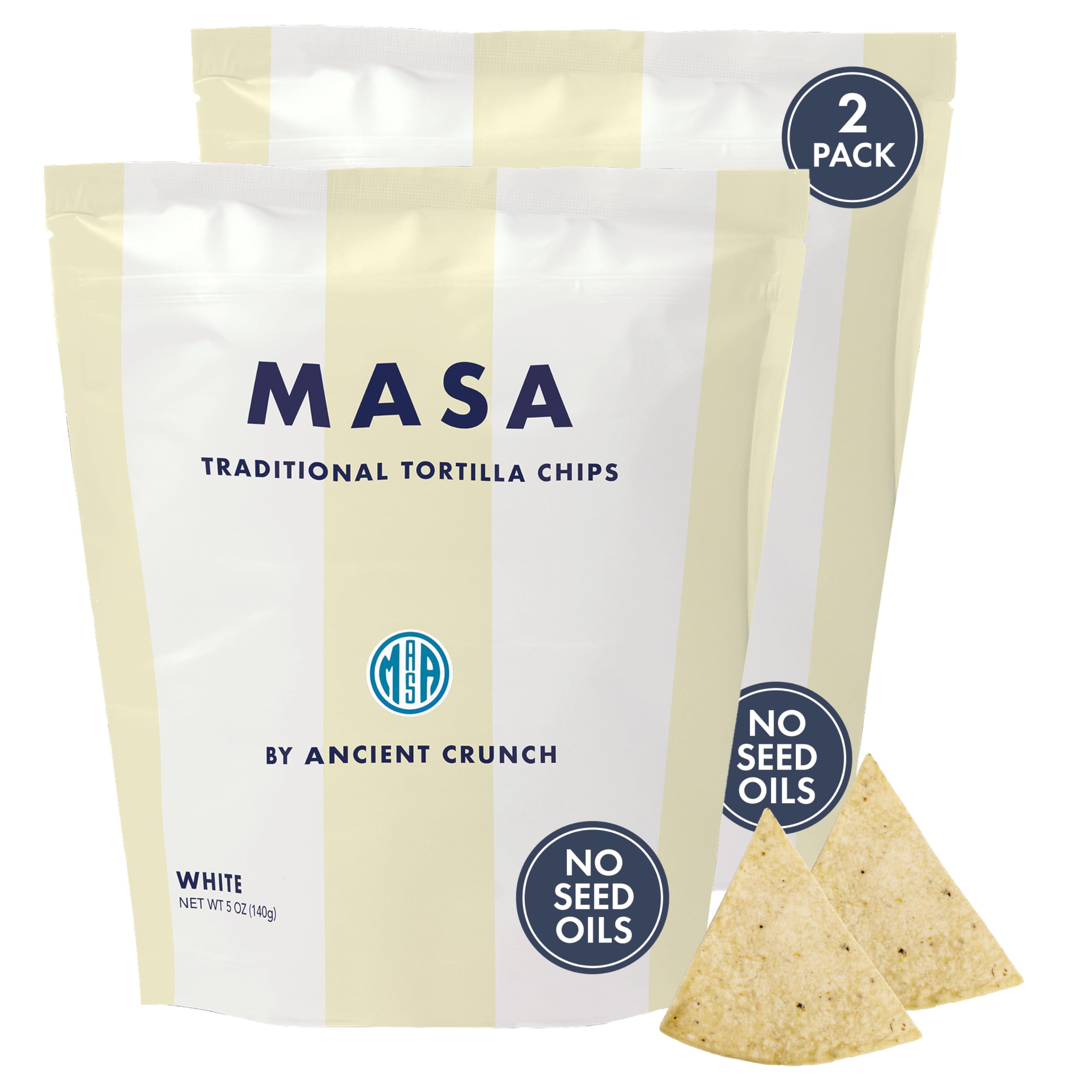 MASA Tortilla Chips Snack Pack - Seed Oil Free Snacks, Organic Chips Tortilla - Gluten & Dairy Free, Naturally Grown Corn Chip - Made with Grass Fed Tallow & Sea Salt (2 Pack, 5oz Each - White Corn)