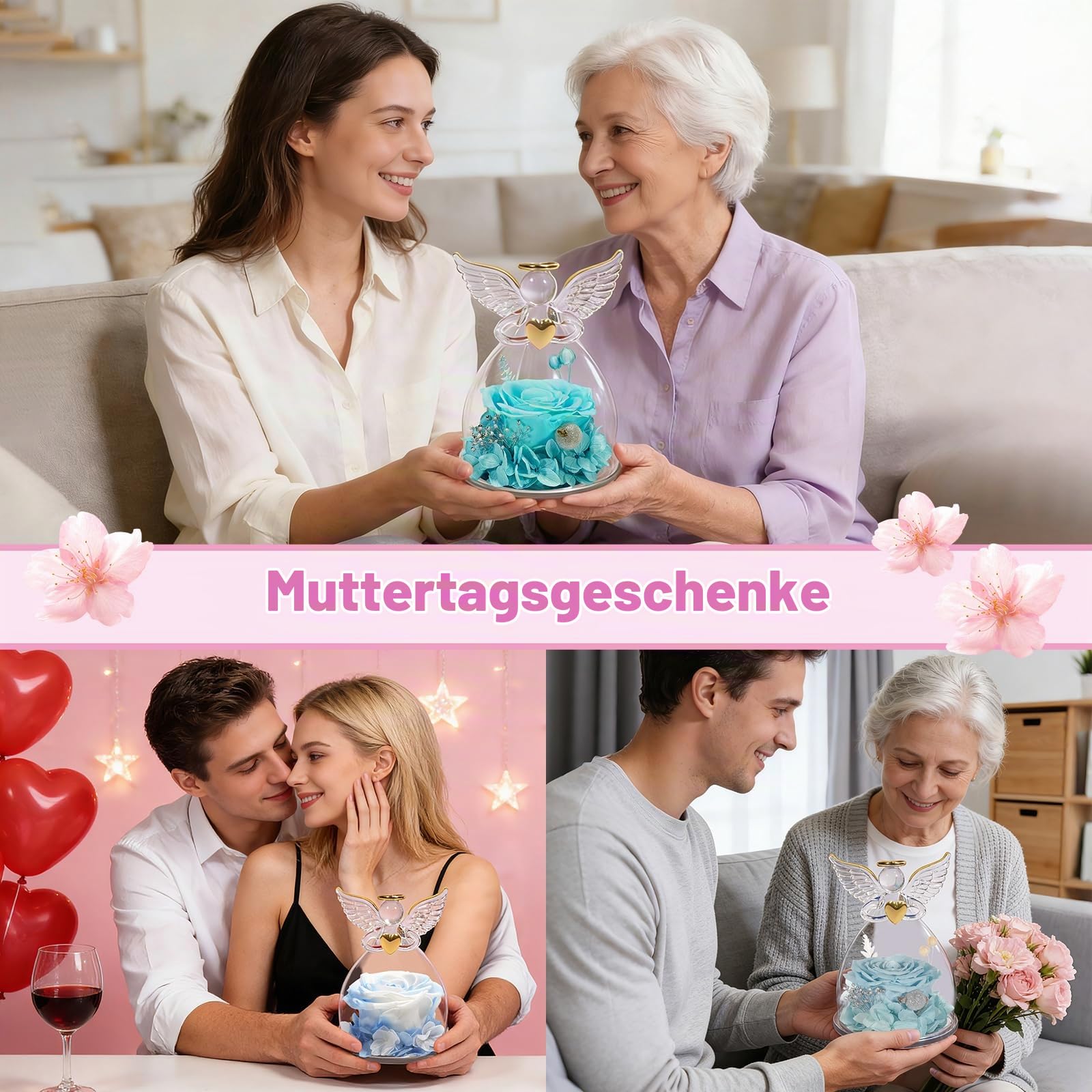 Yamonic Ewige Rose Engel Geschenke für Frauen, Ewige Rose im Glas Geschenke für Mama,Engel Figur Geburtstagsgeschenke für Frauen,Oma Geschenk,Echte Rose Schutzengel Weihnachten Muttertagsgeschenk
