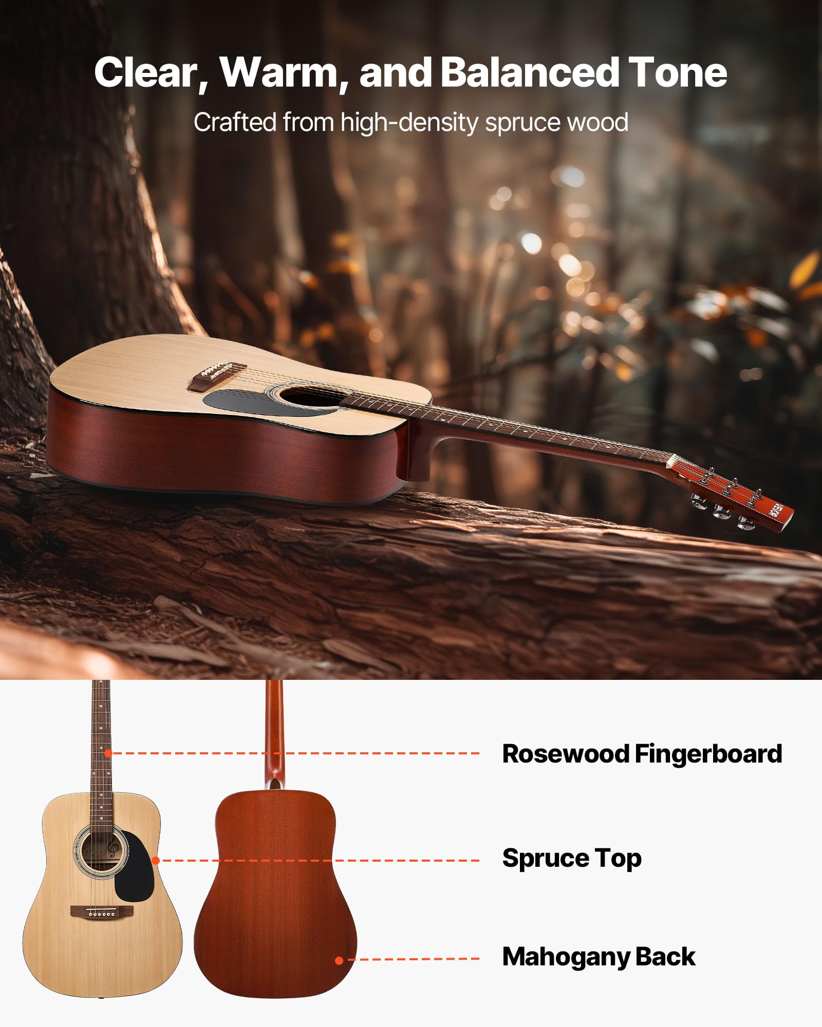 VEVOR Guitare Acoustique Dreadnought 6 Cordes, 103 cm, Table Épicéa Massif, Fond en Acajou, Touche en Palissandre, avec Housse, Accordeur, Sangle, Médiator, Capodastre, pour Adultes, Couleur Naturel