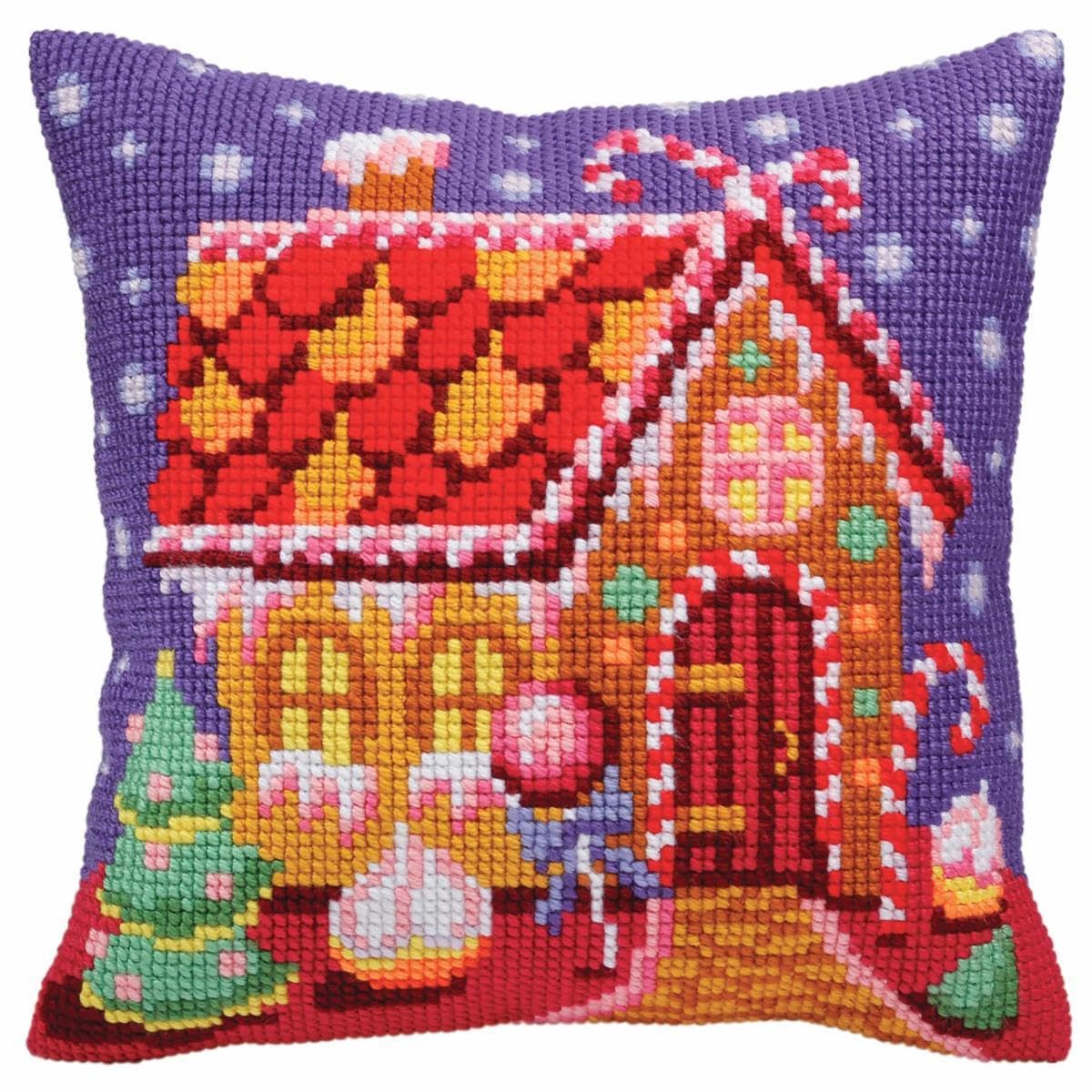 Collection D'Art 5391 Gingerbread Hut Cross Stitch Cushion, Cotton, Multi-Colour, 40 x 40 cm