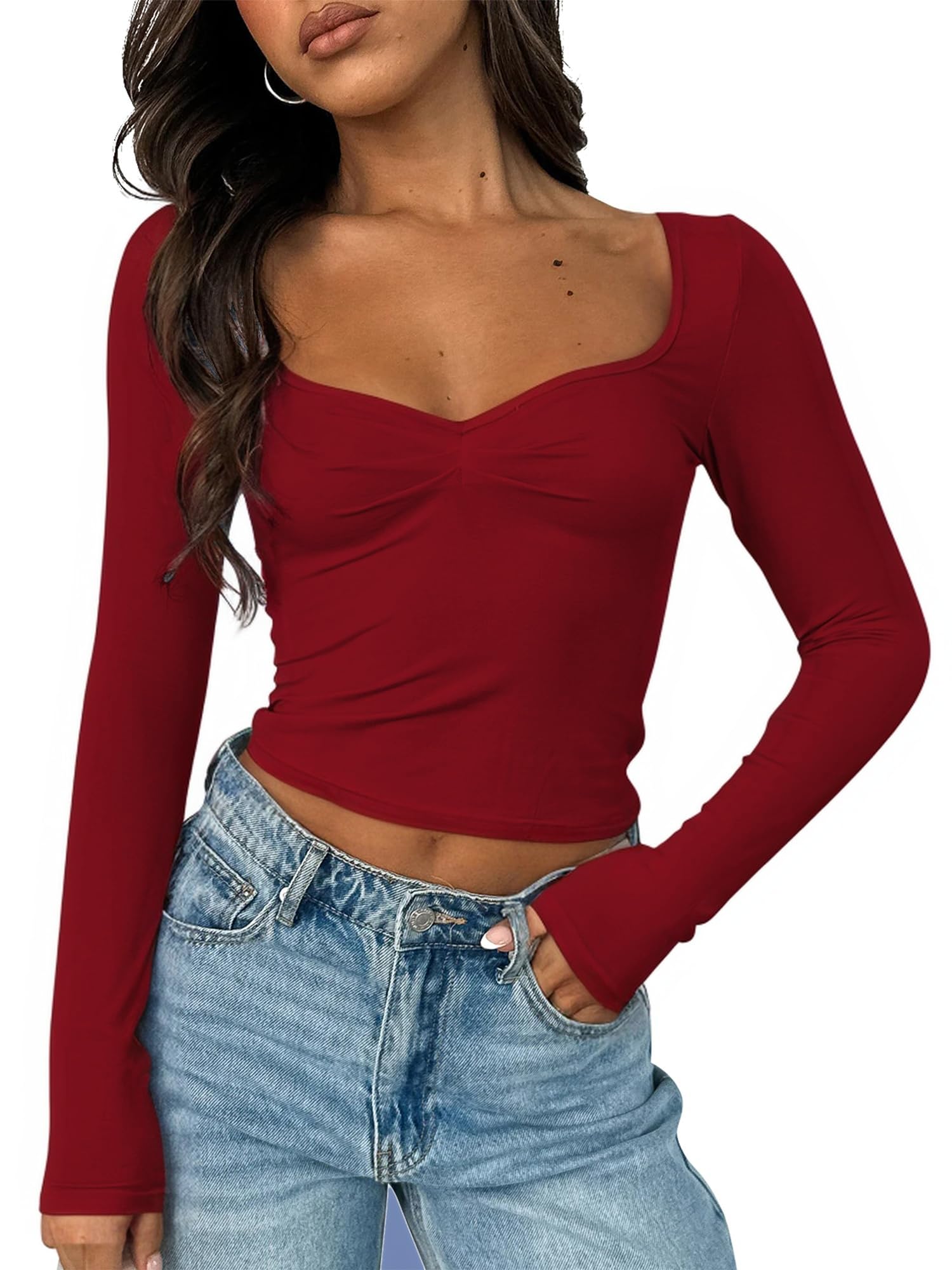 ForeFair Women's Sexy Long Sleeve Going Out Tops Pleated Bustier Shirt Cute Sweetheart Neck Y2K Cropped Top