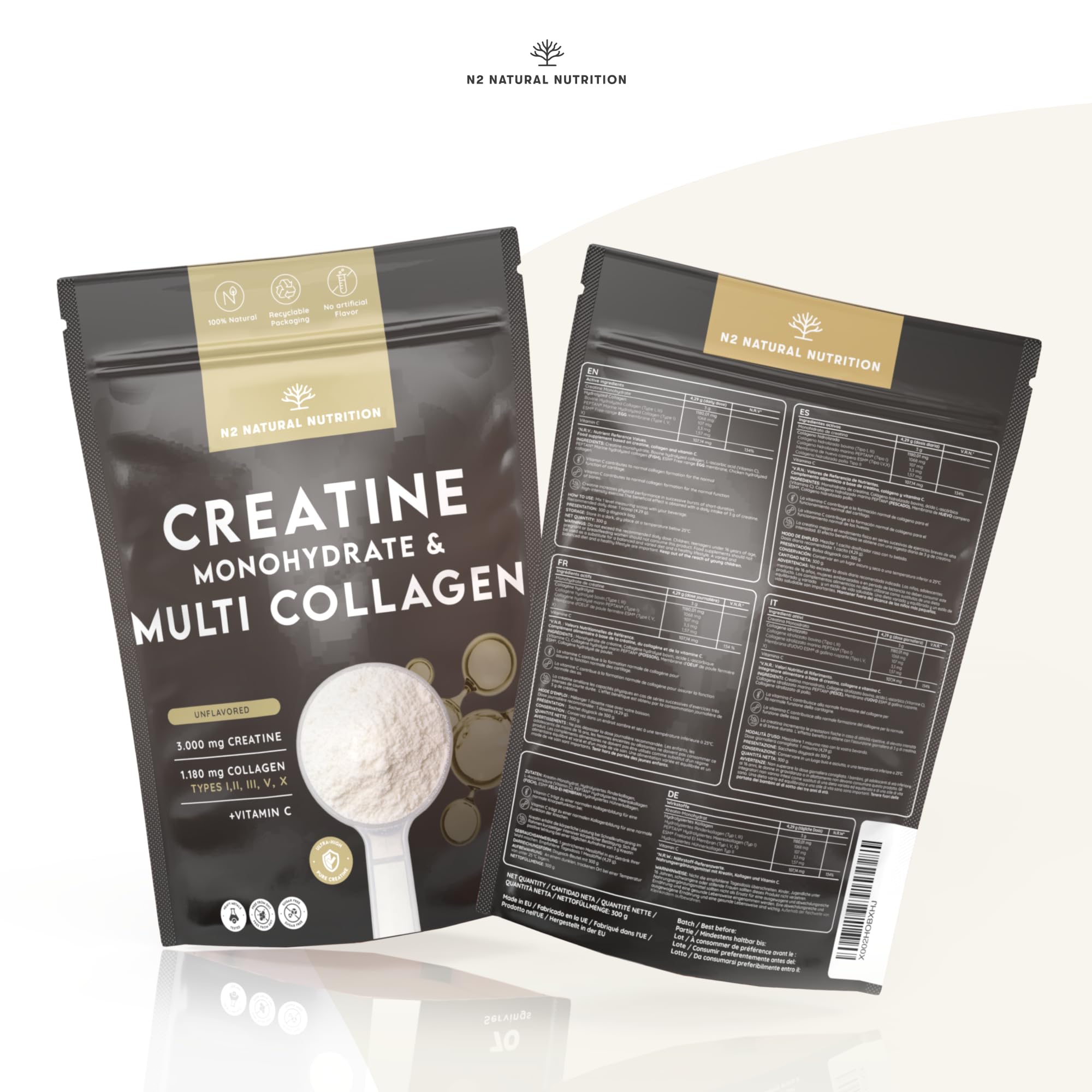 N2 Natural Nutrition. Creatina Monohidratada + Multi Colágeno Hidrolizado con Vitamina C en polvo (70 Dosis) 3000mg Creatina + Colágeno I,II,III,V y X–Sin Sabor–Soporte Muscular, Articulaciones, Piel