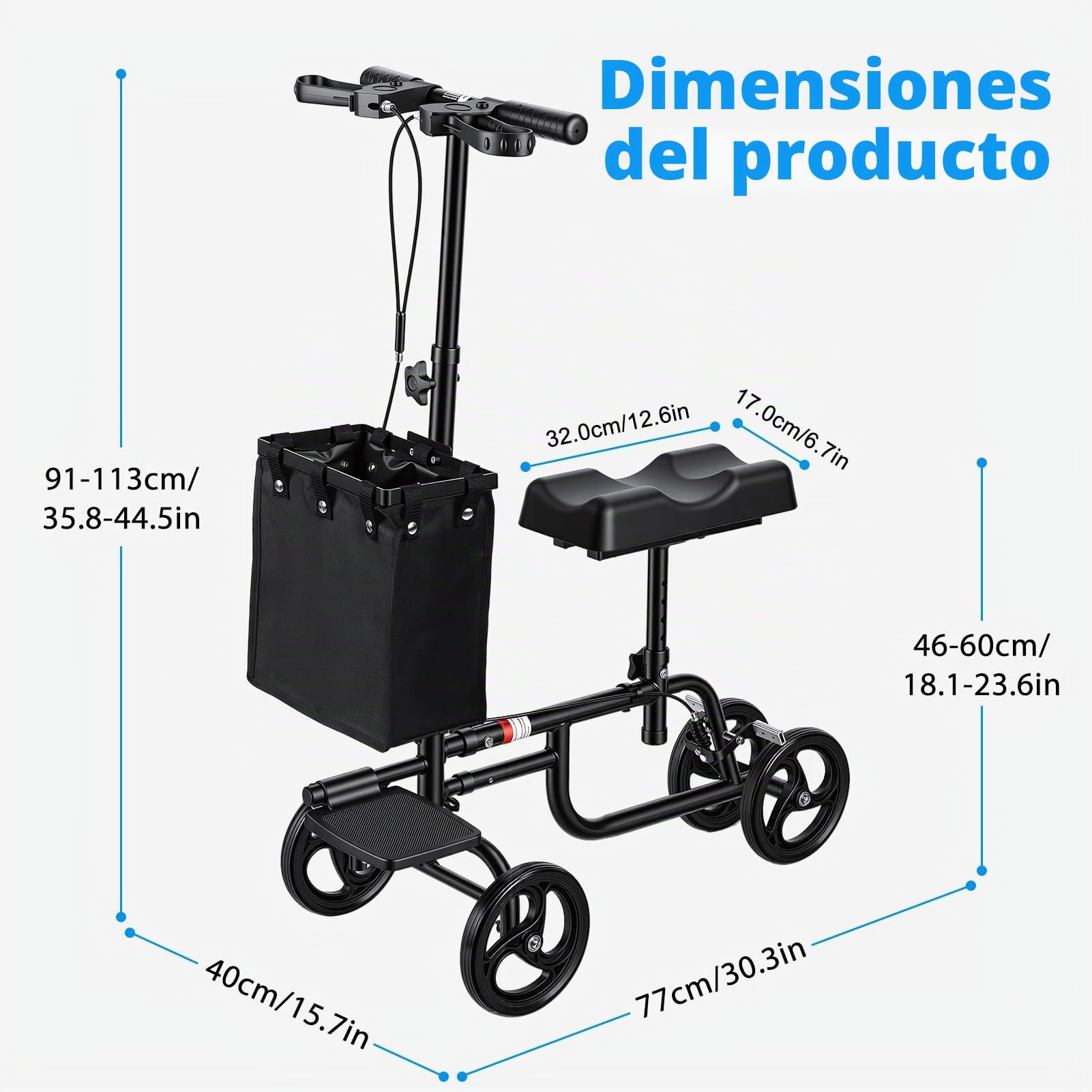 Patinete de rodilla para adultos, andador de rodilla para cirugía de pies, recuperación de lesiones de tobillo roto, acero al carbono, scooter médico, sistema de freno doble, muleta ligera