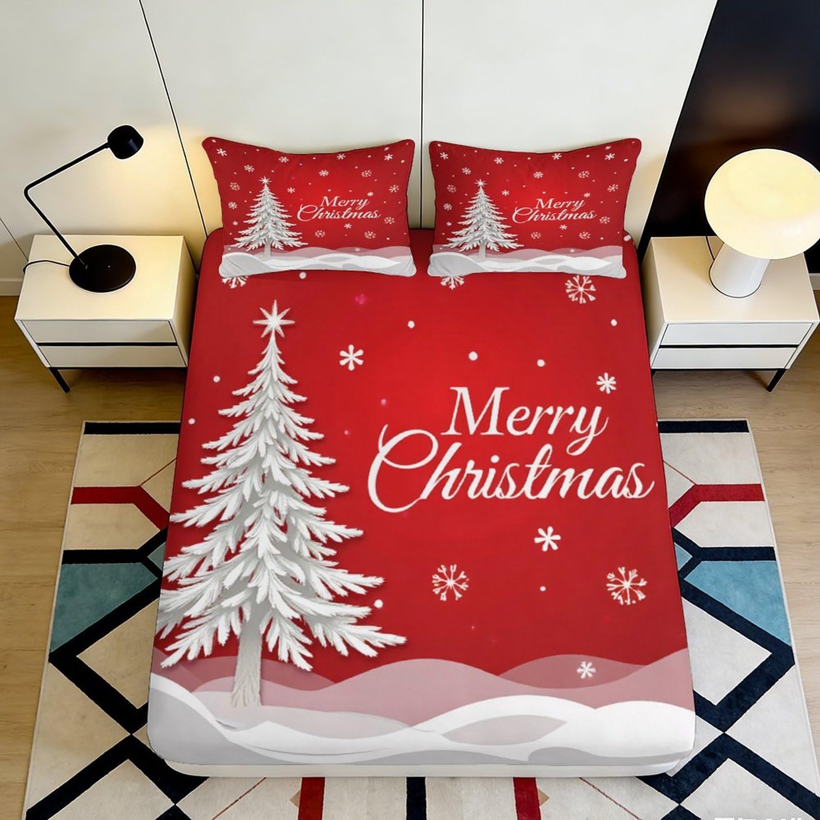 Jqzkxnhpbr Style-7 3D Printed Christmas Tree Fitted Sheet Microfiber Red Snowflake Bed Cover For Bedroom Guestroom Easy Care Decor 90X200x25cm