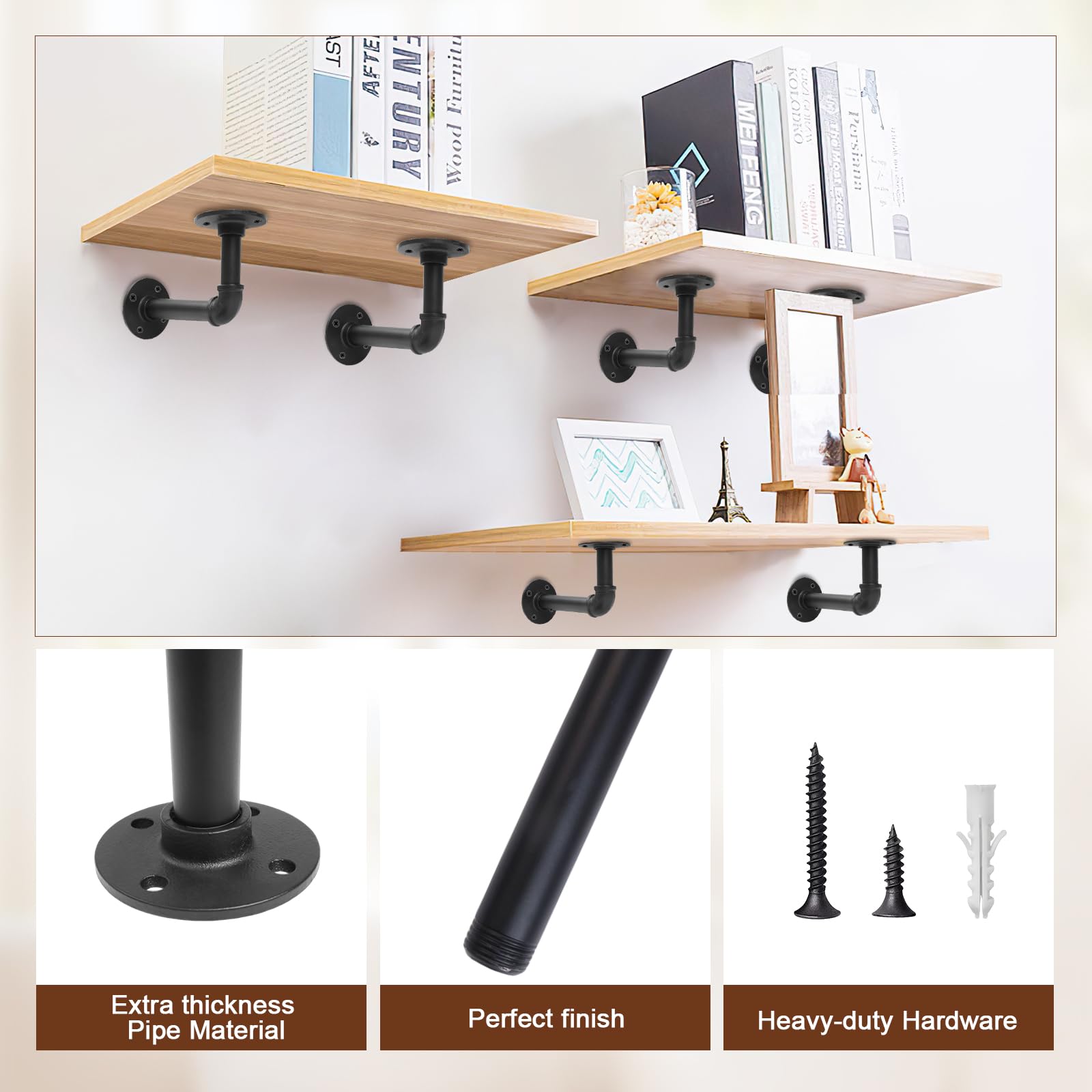 Storystore Industrielle Rohr-Regalhalterungen, Eisen, L-förmige Regalhalterungen für 17,8–35,6 cm große Bretter, robuste Metallregalhalterung, schwarze DIY-Rohrregale (16,5 x 8,9 cm)
