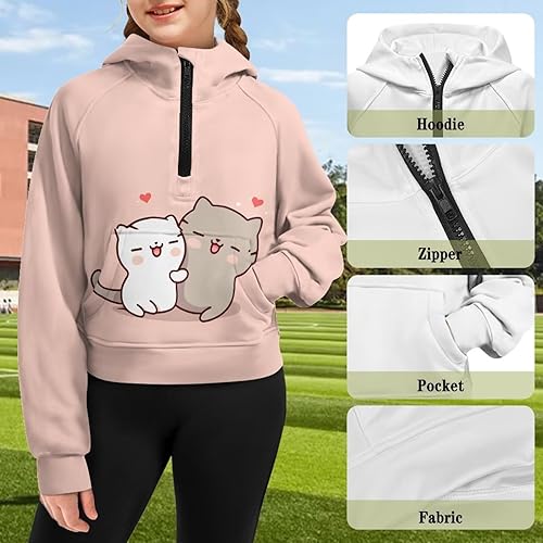 Long Sleeve Hoodies for Teen Girls Trendy Half Zip Girls Zip Up Hoodie Girls Zip Up Hoodie(Cat Pink,13-14 Years)