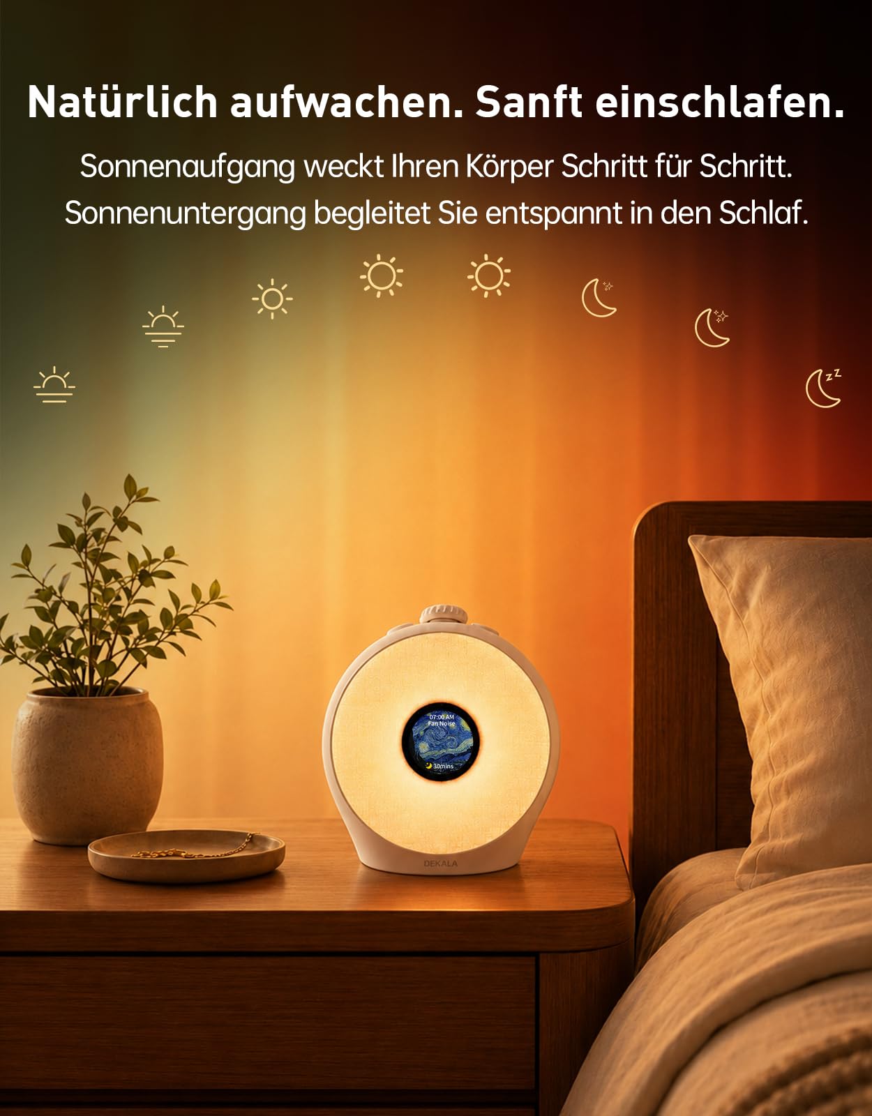 Dekala Tageslichtwecker für Tiefschläfer mit Pulse Wake 95 dB, Lichtwecker Sonnenaufgang & Sunset Sleep, Wake Up Light, 7 Display-Themen, Sound Machine, Atemlicht, 4 Alarme, Farbdisplay, Ohne App