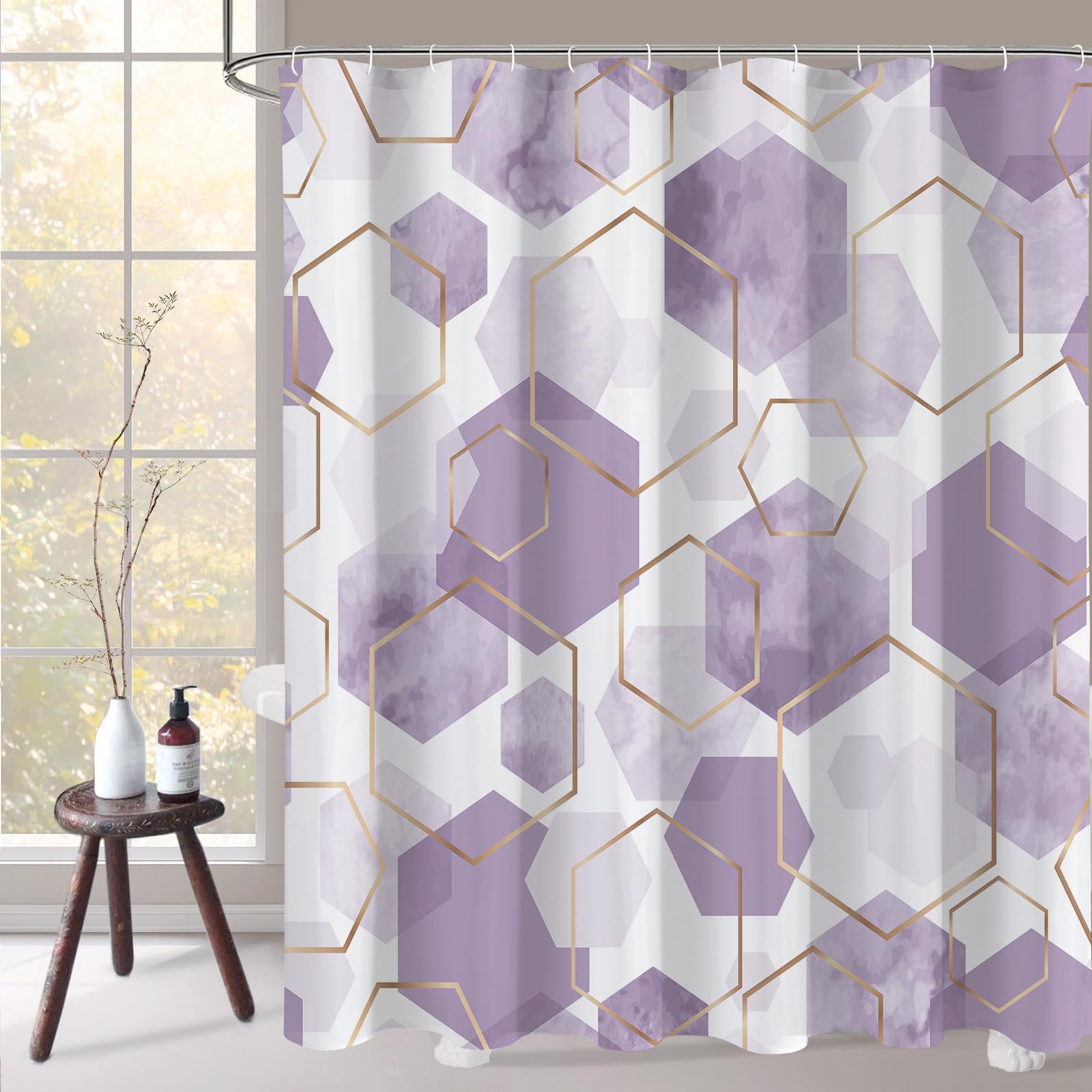 Litabel Purple Modern Shower Curtain for Bathroom, Geometric Art Decor Waterproof Bath Curtain, Abstract Fabric Shower Curtain Sets for Home Decor, 72x72 Inch