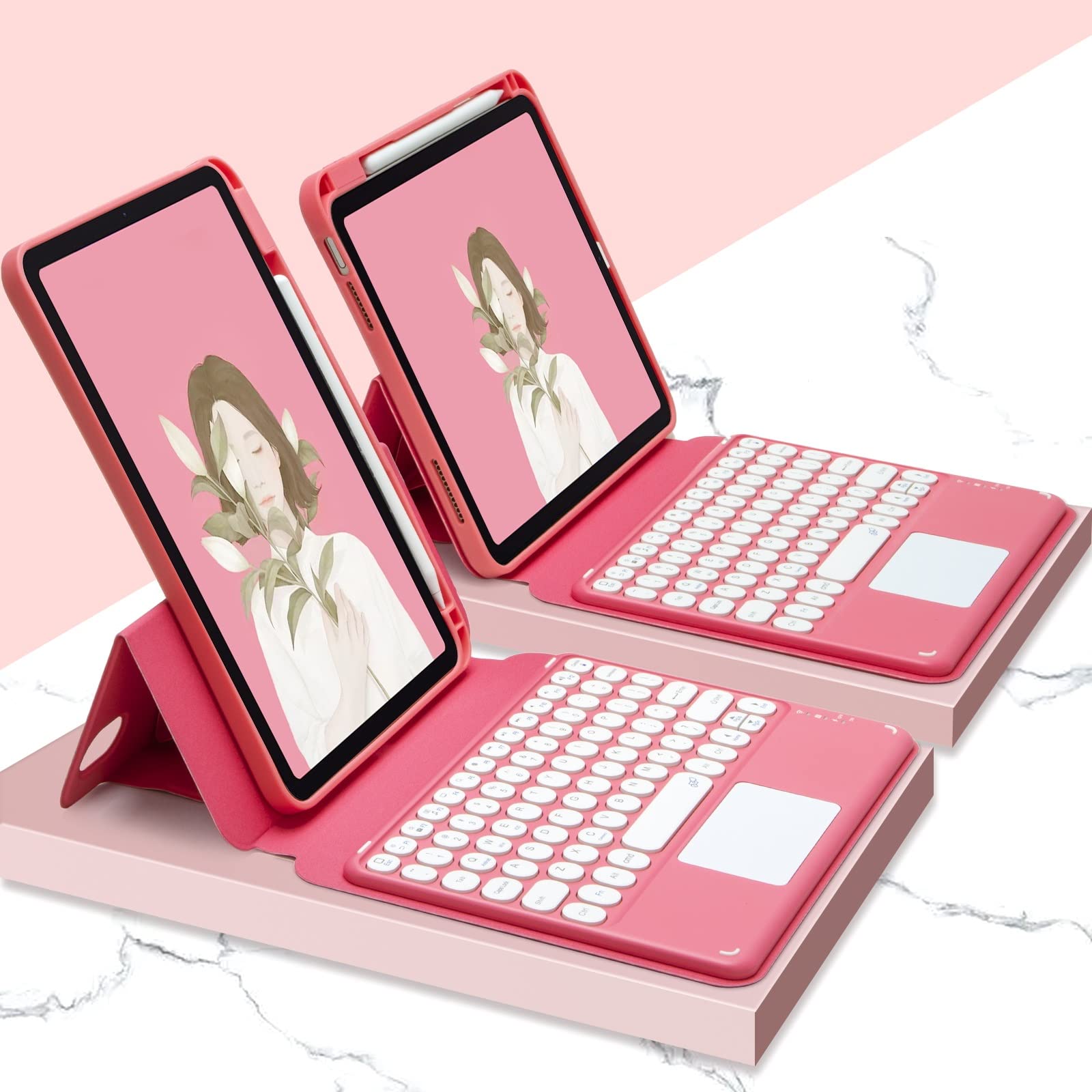 iPad 第11世代 (A16) 2025、iPad 第10世代 2022 対応 キーボード ケース 11/10.9インチ 磁気吸着 縦置きスタンド機能 Pencil 収納 分離式 カラーキーボード タッチパッド搭載 丸型キー 透明な背面シェル カバー, ピンク・レッド