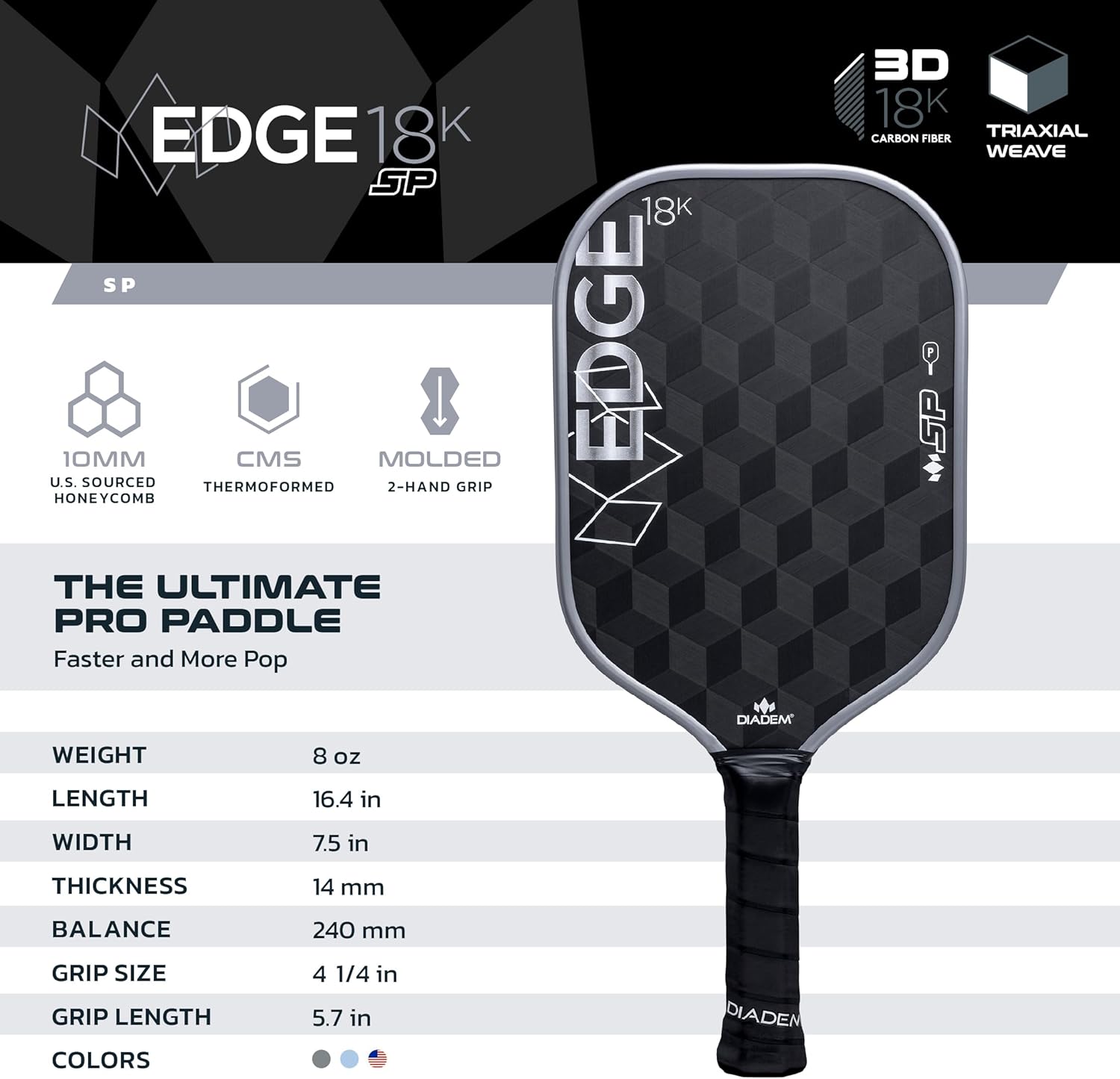 Diadem Edge 18K SP Pickleball Paddle | Raw 18K Carbon Face for Max Spin & Speed, Thin 14mm Core for Lightning Fast Hands, Power and Precision Control, Elite Touch | Pro Performance Paddle - Image 5