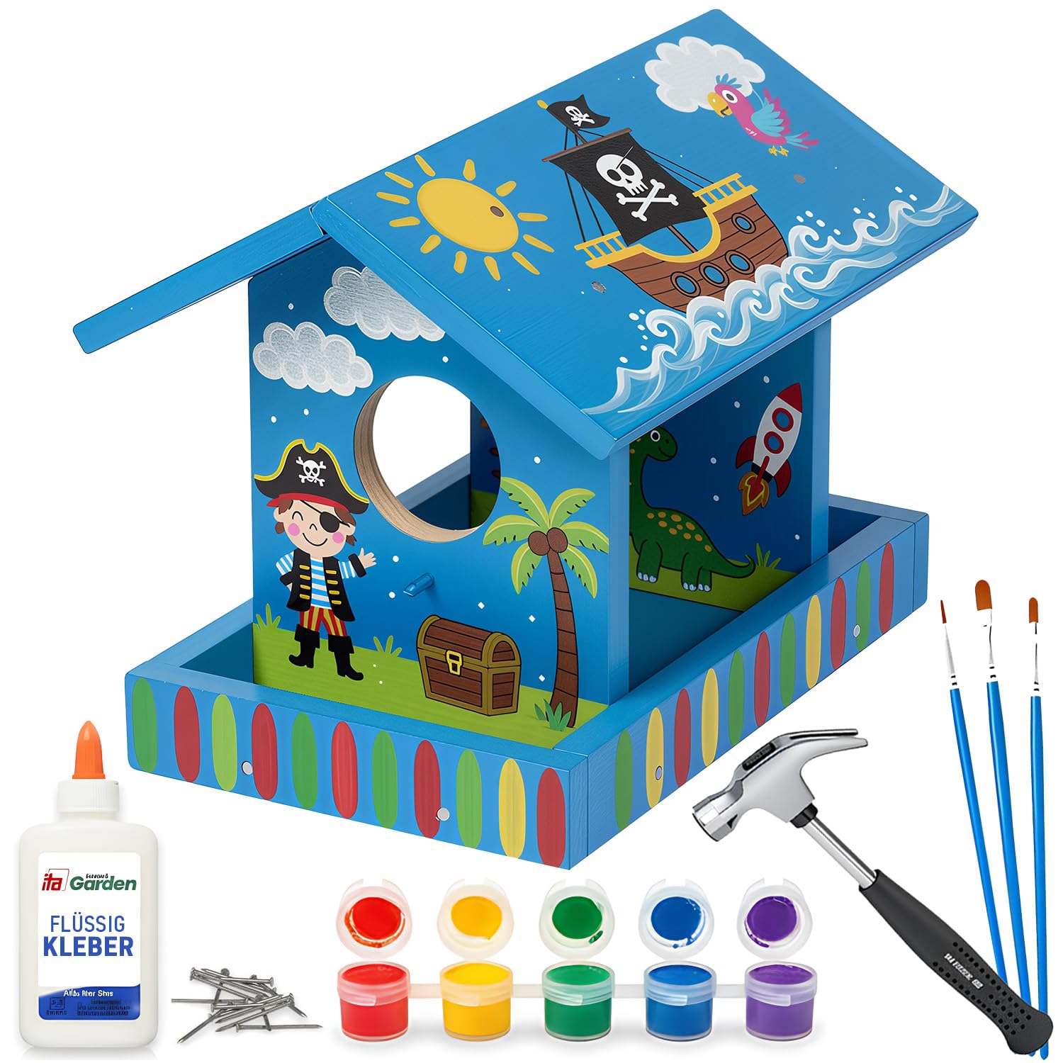 ITA DIY Futterhaus für Vögel zum Zusammenbauen und Bemalen BirdieBuffet - Vogelhaus Komplett Bausatz mit Hammer, Nägeln, Farben zum Bauen und Malen für Kinder - Bastelset für Jungen & Mädchen