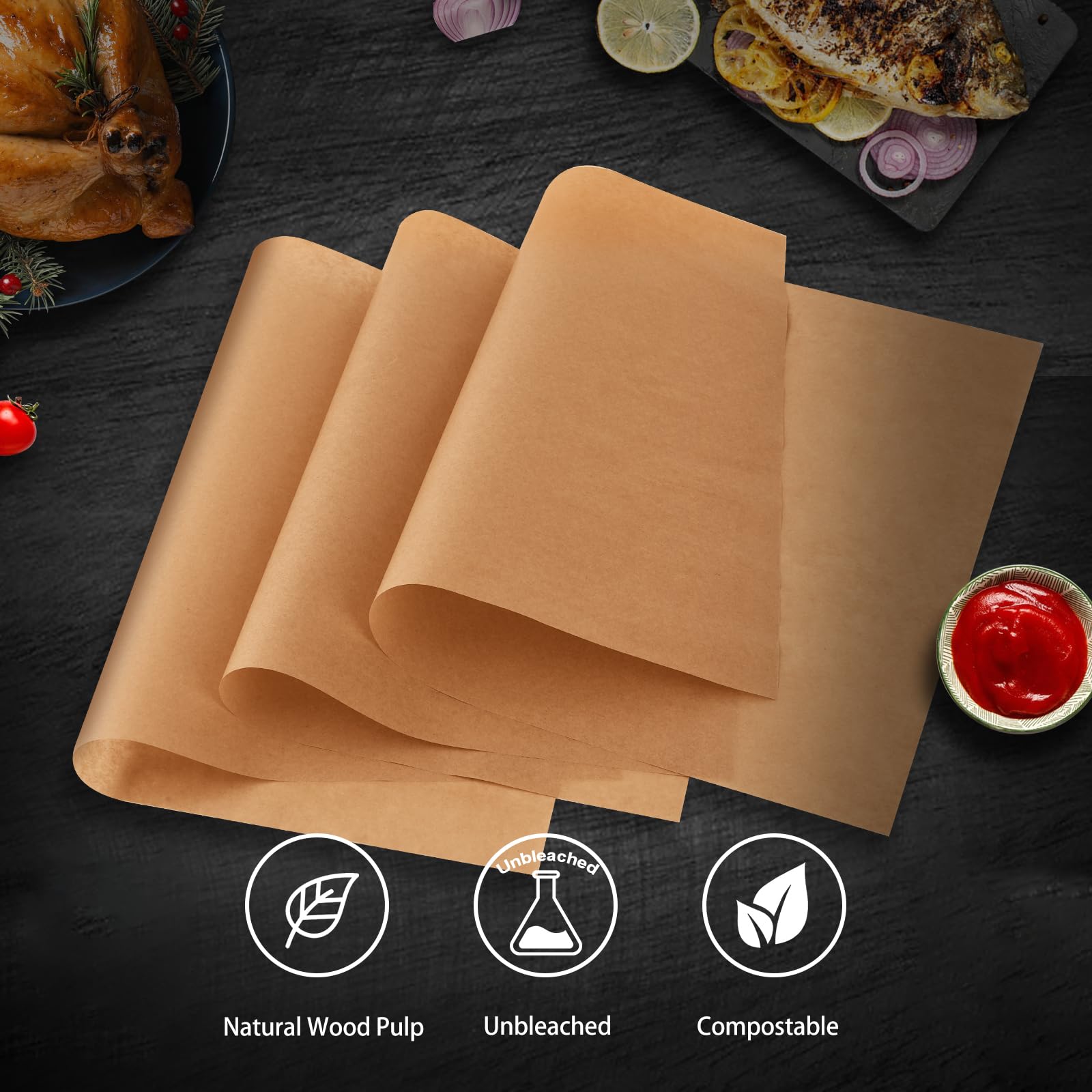 Hojas de papel pergamino sin blanquear, 12 x 16 pulgadas, precortadas, pergamino antiadherente para hornear, cocinar, asar, freidora de aire, cocinar al vapor, ecológicas, resistentes (250)