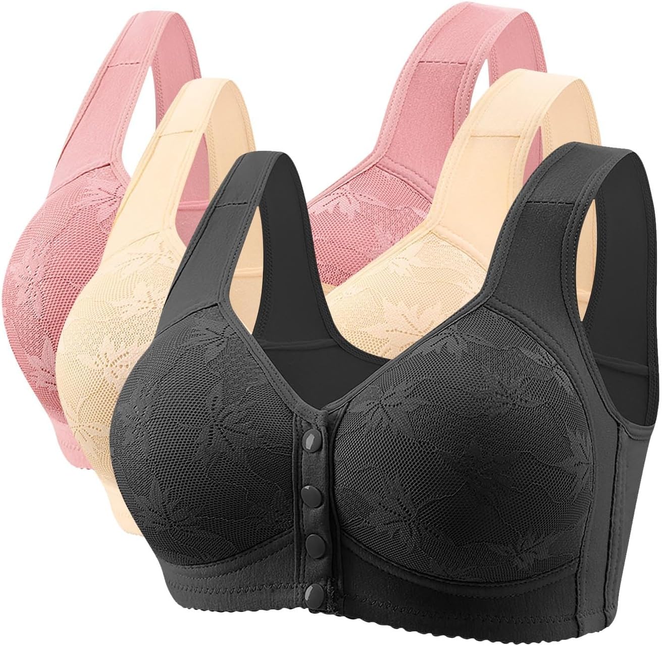 Front Fastening Bras for Women UK 3 Pieces Sports Bras Women Plus Size Wireless High Impact Push Up Bralette Comfort Seamless Breathable Bra Multipack Full Support Lace Bra, Size M-6XL