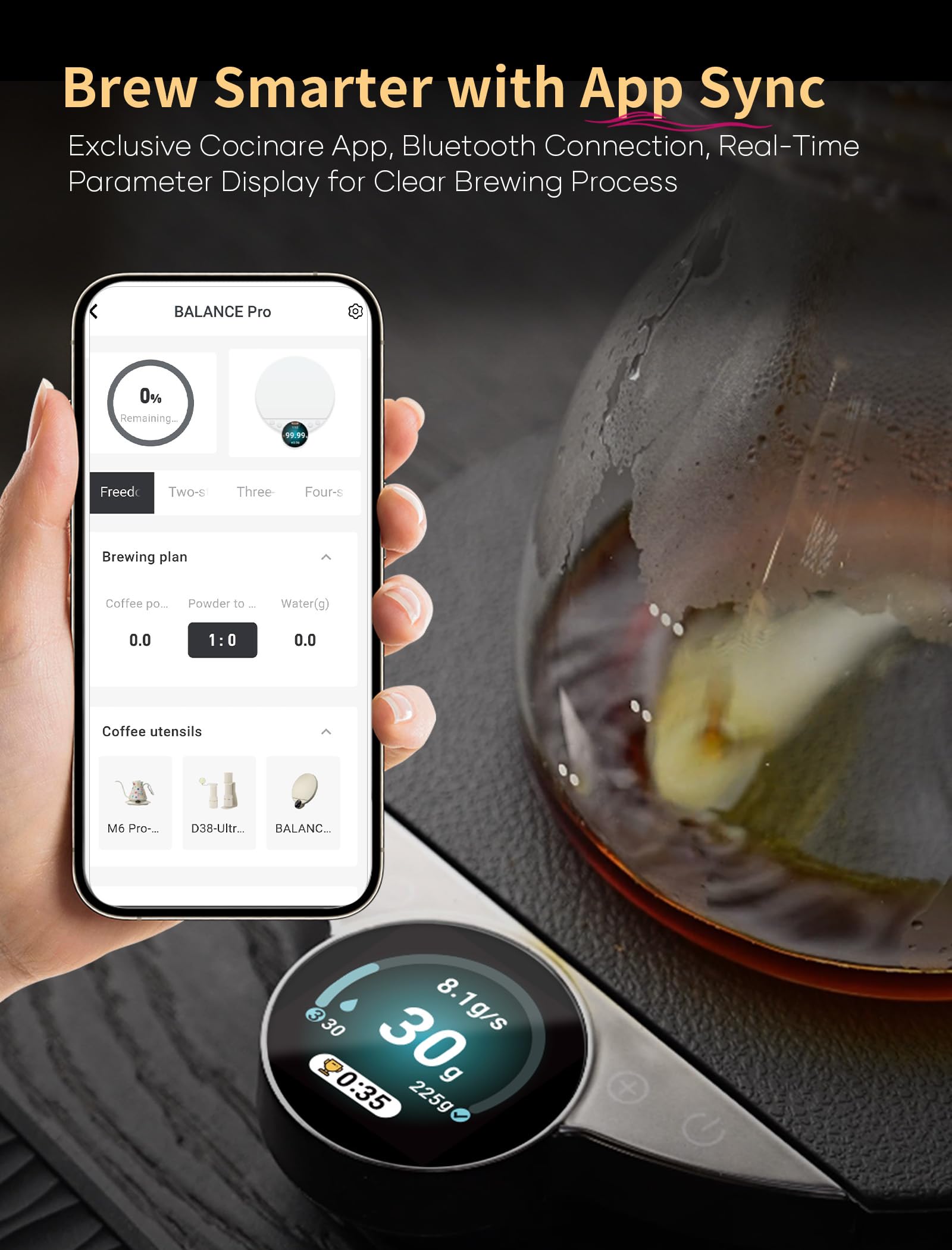 Cocinare Balance Pro - Báscula de café de precisión de 0,1 g, 3,5 kg digital con temporizador, báscula de cocina para café y alimentos, control de aplicación (negro)