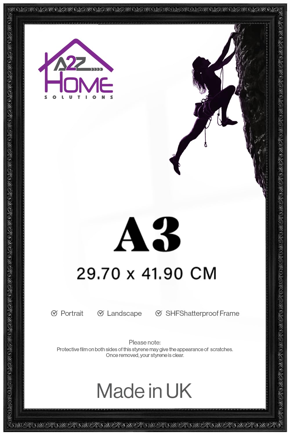 A2z Home Solutions Black A3 Picture Frame 29.7X42cm Vintage Ornate Shabby Chic Photo Frame Poster Frame For Wall Hanging Or Tabletop Display With Mdf Backing & Clear Shatterproof Styrene Front