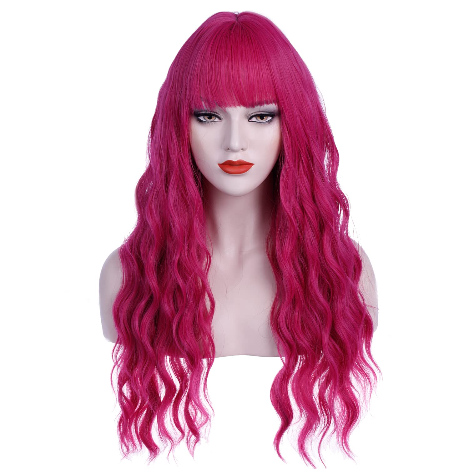 incohair 27 Inches Hot Pink Wig with Bangs Long Curly Wavy Wigs Synthetic Party Daily Wig for Women Girls (Hot Pink, Women Girls)