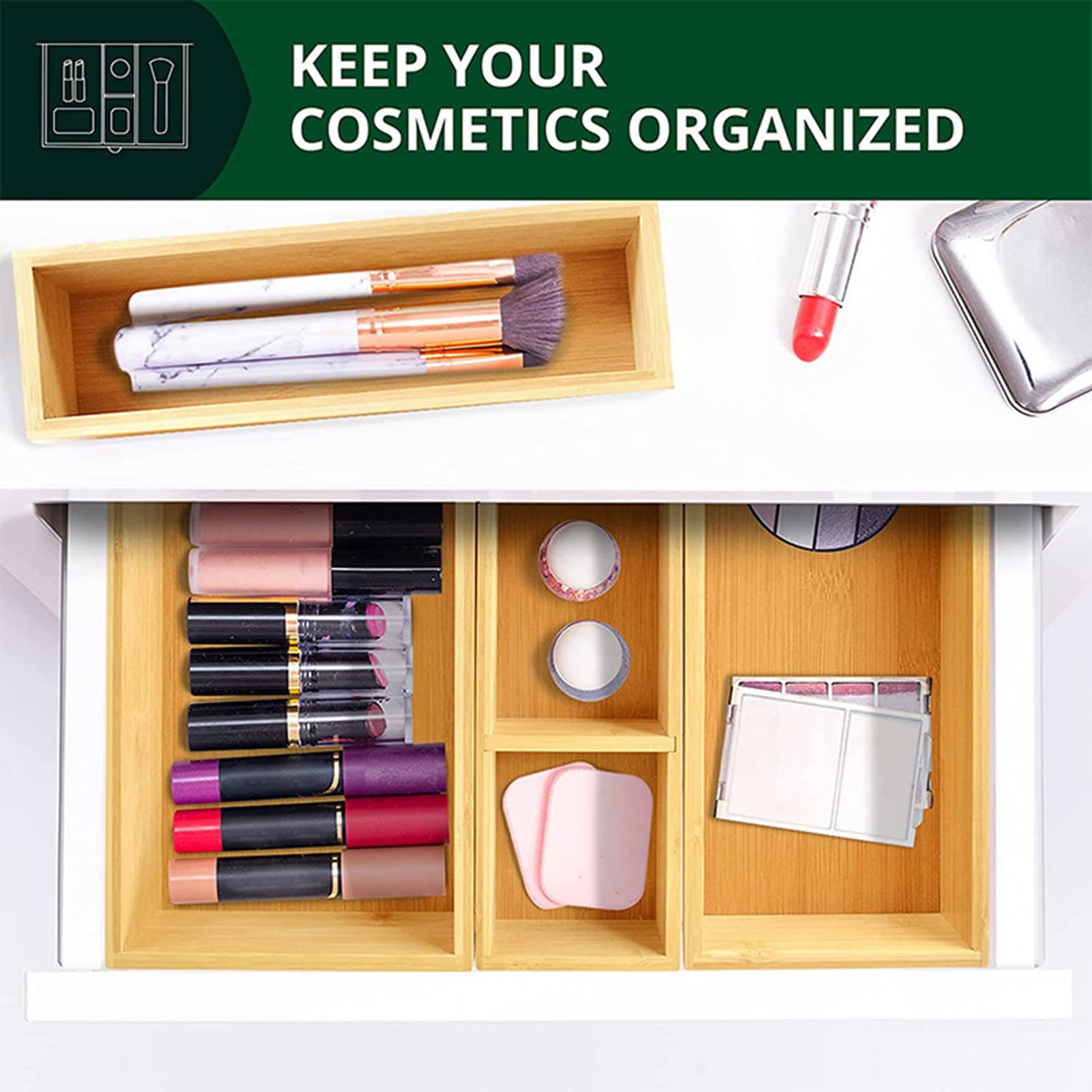 RWRAPS Cubiertos Cajón Organizador Bandeja Cubiertos Bandeja de Almacenamiento Cubiertos Divisor Utensilios Caddy para cajón de Cocina, encimera, Maquillaje, baño Organizador de Madera