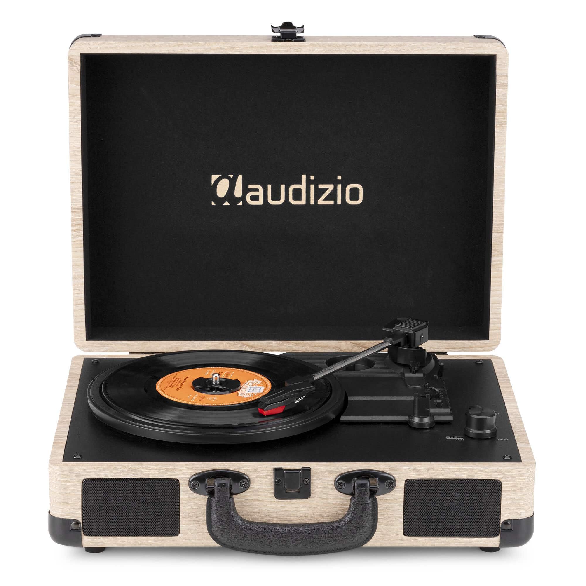Audizio RP116LW - Giradischi in vinile con altoparlanti stereo integrati, ingresso e uscita Bluetooth, convertitore USB da vinile a MP3, tre velocità, design compatto e portatile, legno chiaro