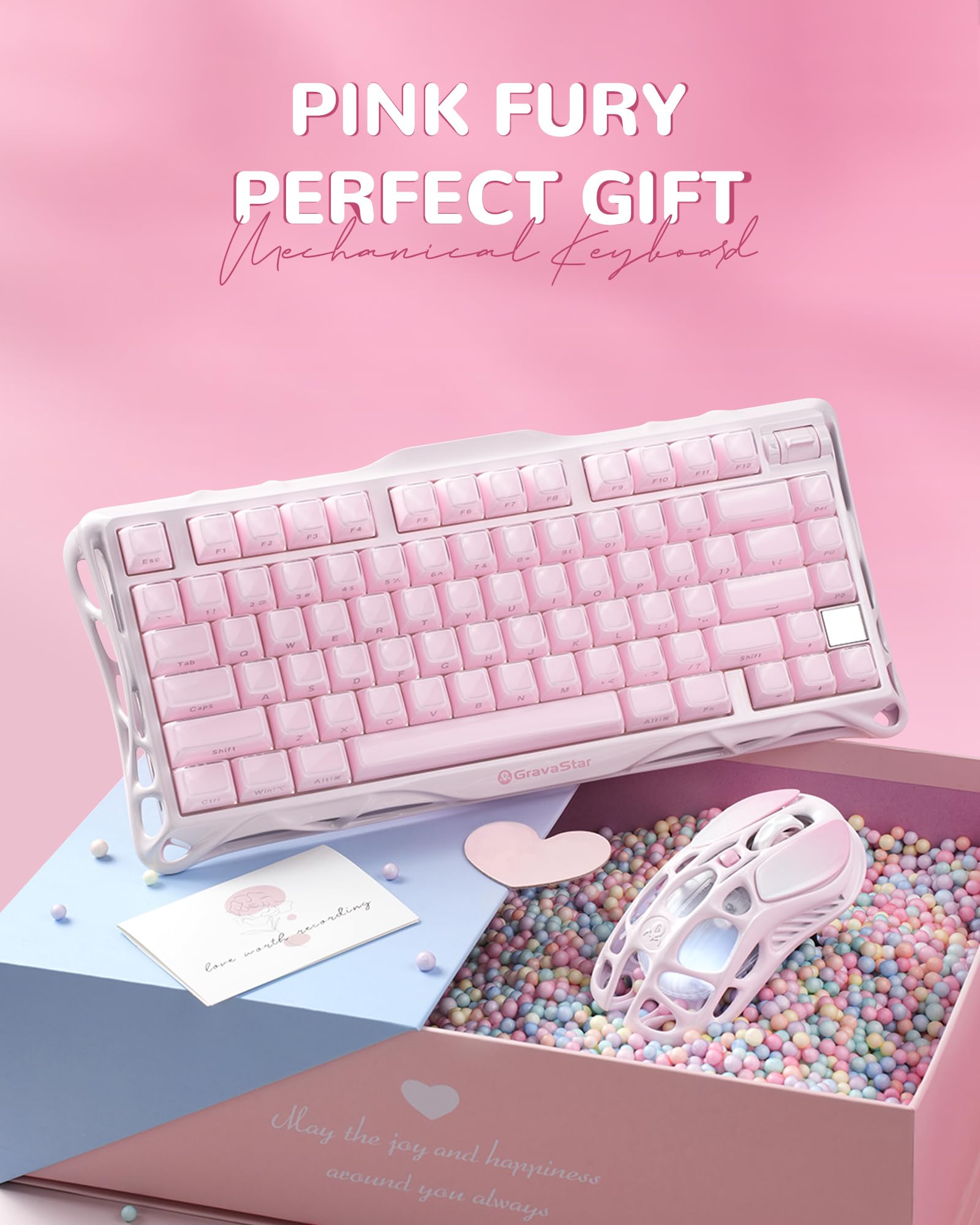 GravaStar Mercury K1 Mechanische Tastatur, 75% Wireless Gaming Tastatur, Hot Swap, Gasket, RGB Tri-Mode, PBT-Tastenkappen, 8000mAh, Aluminiumrahmen, Farbverlauf Rosa