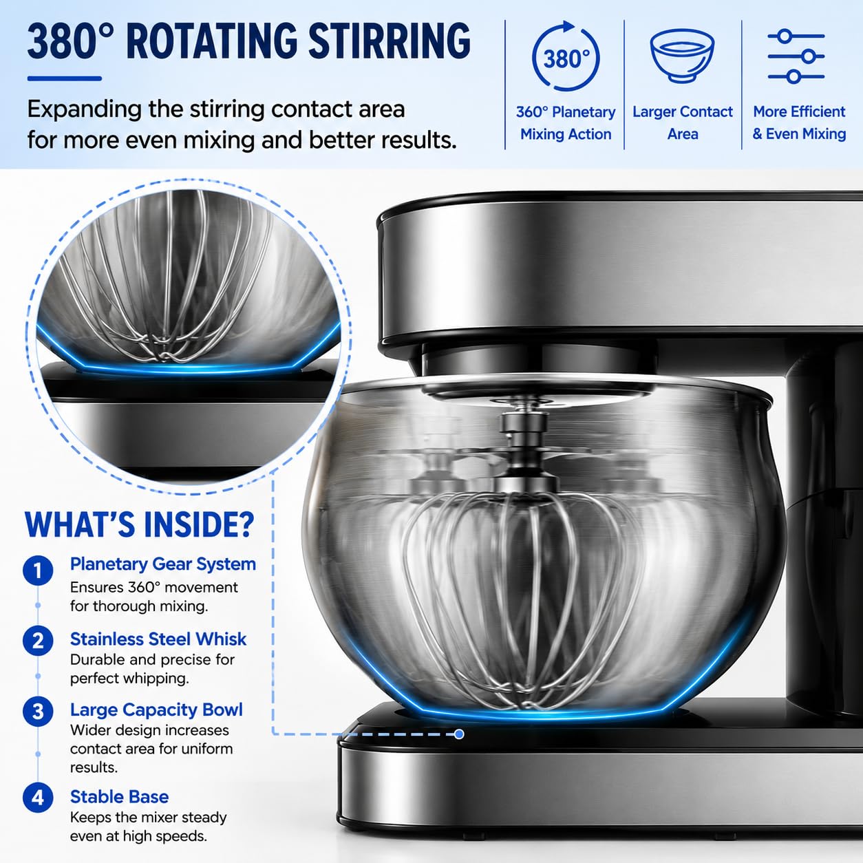 Royal Swiss Robot de cocina 3 en 1, 12 l, 2000 W, con picadora y batidora de cristal de 1,5 l, amasadora planetaria con movimiento planetario, 6 velocidades + pulso, cuenco inoxidable XXL, plateado