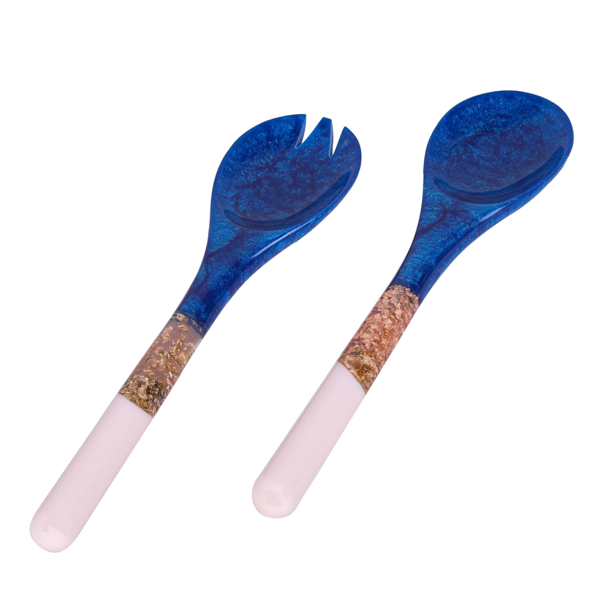 Divit Shilp Salad Servers - Resin Tongs with Long Handle for Mixing, Tossing and Cooking (Spoon and Fork Set) (Blue, Golden & White) — image 1