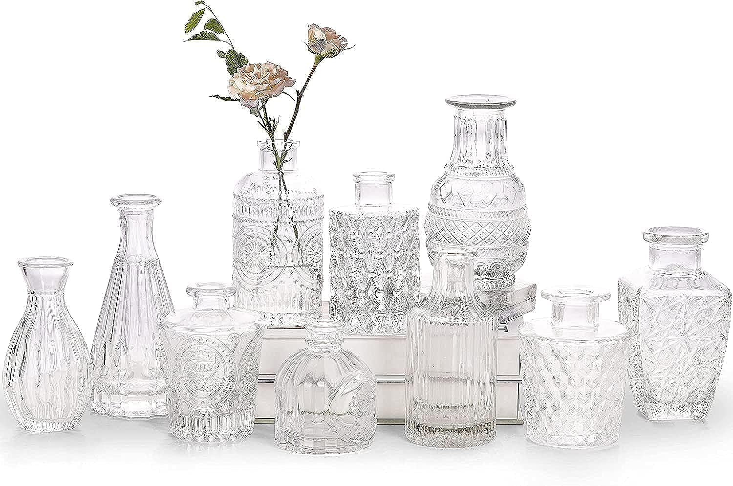 Glass Bud Vase Set of 10 - Small Vases for Flowers, Clear Bud Vases in Bulk, Cute Glass Vases for Centerpieces, Mini Vintage Vase for Rustic Wedding Decorations, Home Table Flower Decor (A)
