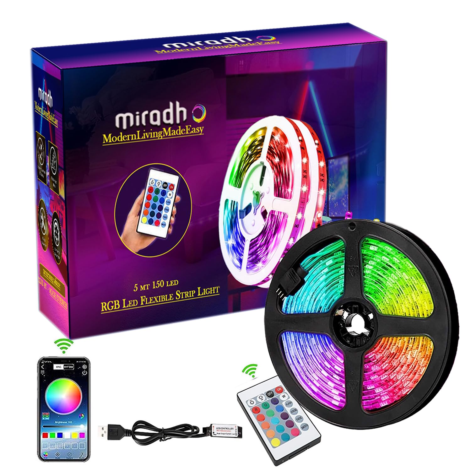 MIRADH Plastic- 5M Smart Wifi Led Strip Light Kit | 150 Led Strip Lights With Usb Adaptor And Remote| Music Sync Rgb Lights | App Operated- Multicolor Led Lights For Home Decoration,Diwali