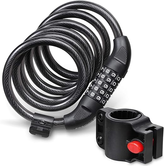 Fosmon Bike Lock Cable (6 Feet), Heavy Duty 5-Digit Self Coiling Resettable Combination Code, Bicycle Chain Flexible Steel Security Cable Lock with Bike Mount Holder - Black