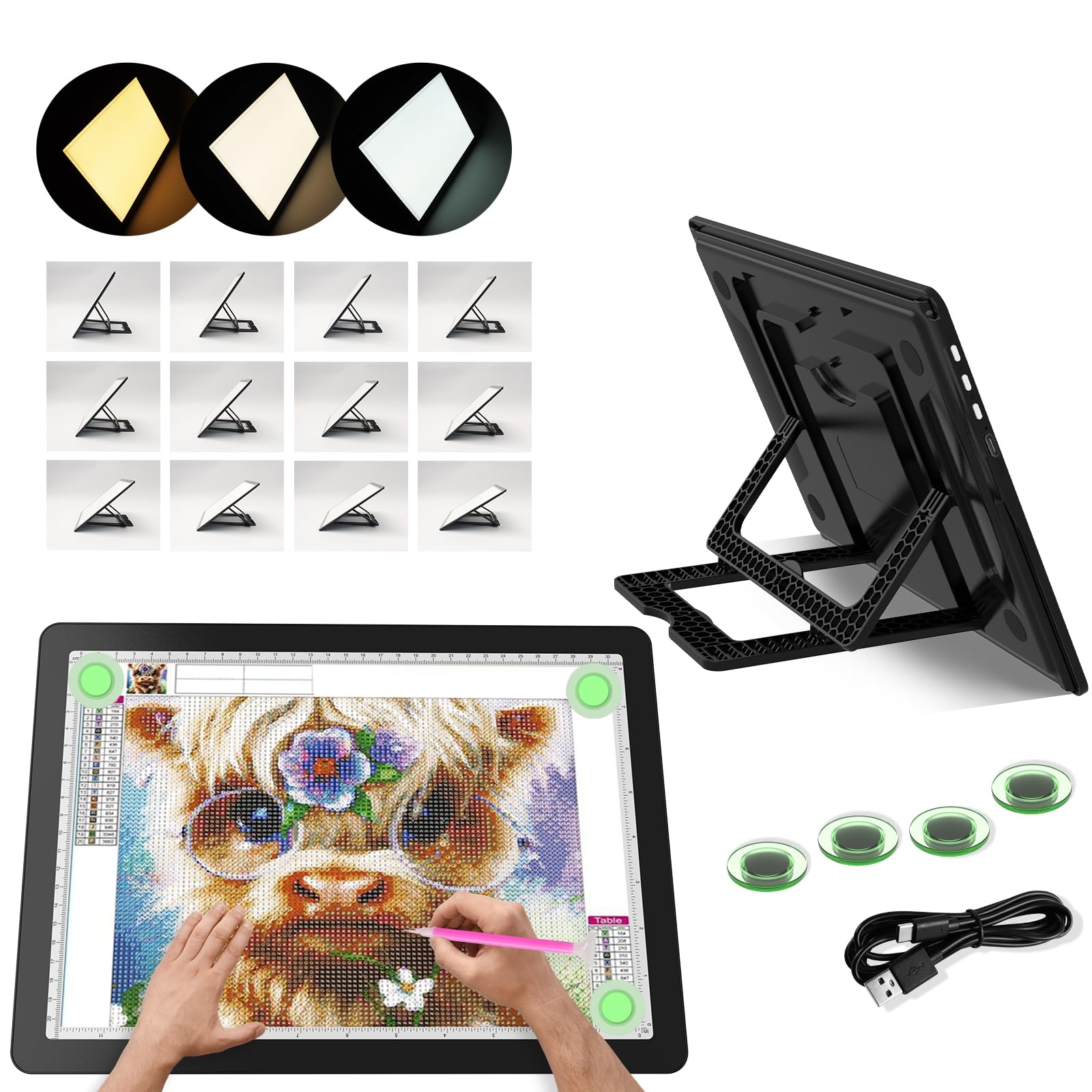 YINGWOND Rechargeable A3 LED Light Pad with Foldable Stand,3 Light Colors & 6 Levels/Stepless Dimming,Side Button,Portable Diamond Art Light Board,Wireless Light Box for Tracing Weeding Viny