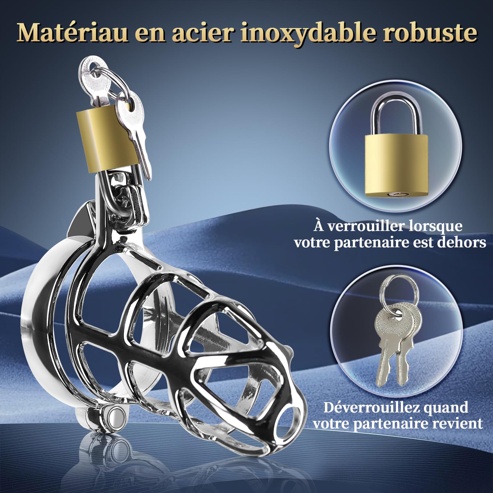 Cage de Chasteté Pénis Sex Toýs homme, Bondage Jouet Sexuel avec 3 Anneaux de Taille Active, 3 Anneaux Péniens en Métal, 2 Clés, Jouets pour Adultes pour Exercices Péniens et Abstinence
