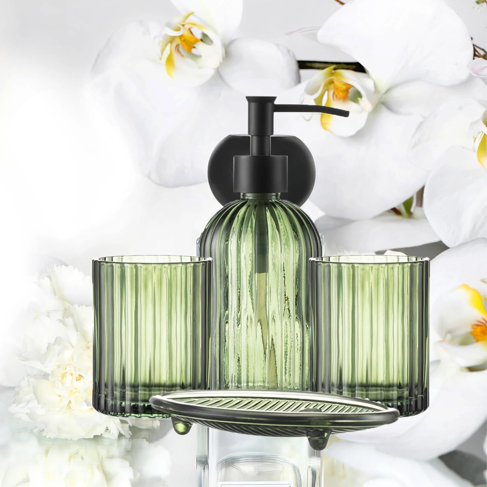 Set di accessori da bagno verde, set completo di vetro trasparente, composto da dispenser di sapone, portaspazzolino, bicchiere per sciacquone e portasapone per decorazione bagno e organizzatore