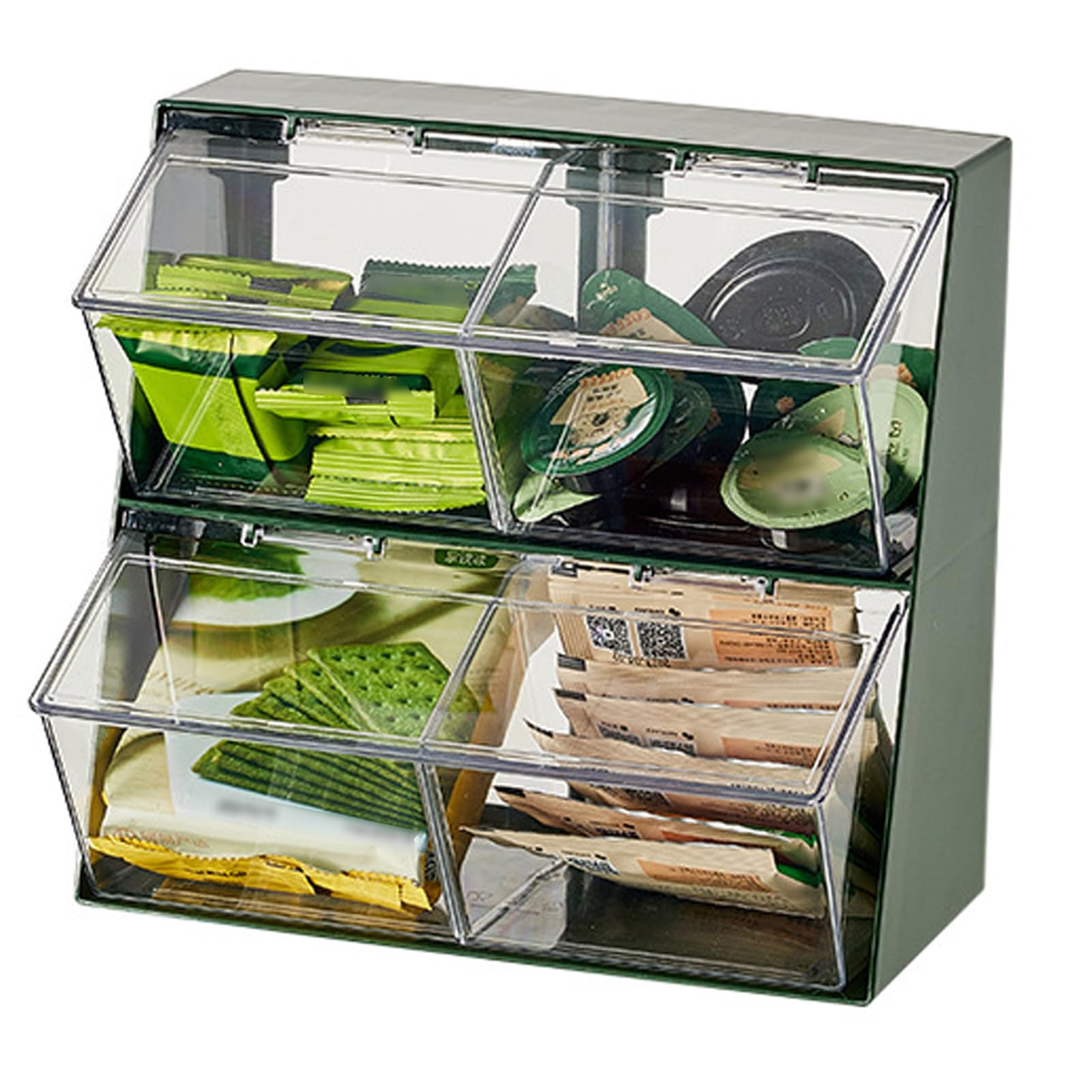 Zambuph Stylish Tea Organization Transparent Tea Bag Storage Box With Double-layer 4 Compartments Clear Bag Storage Box, green