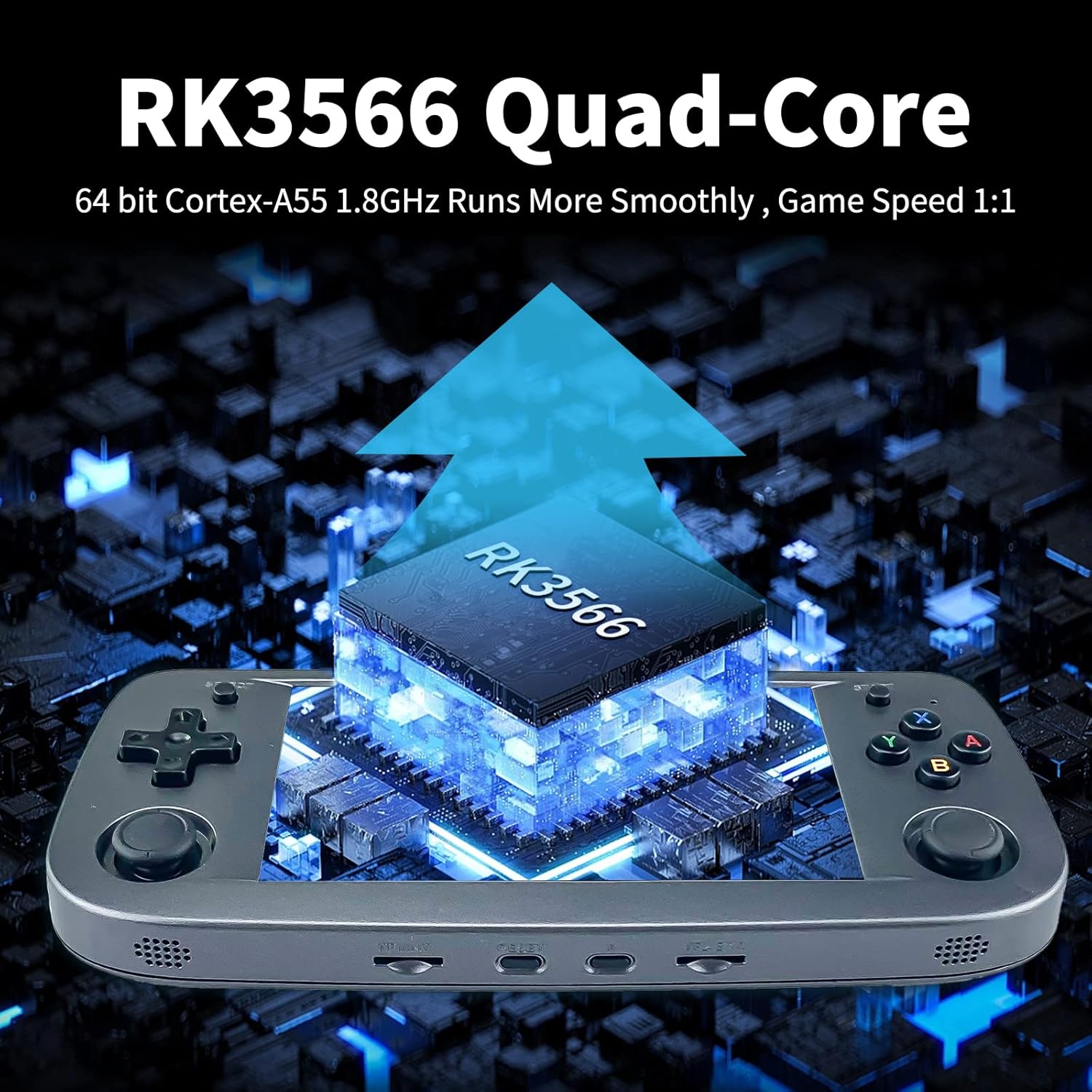 RK3566 Quad-Core chip with upward arrow