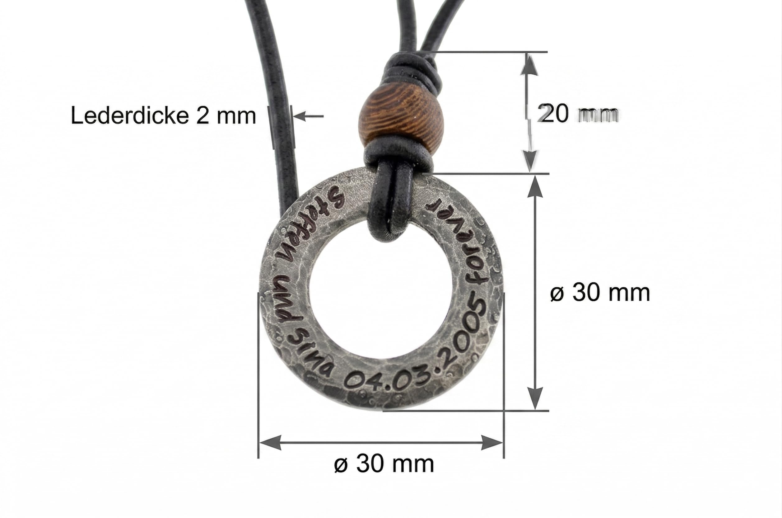 Personalisierte Lederkette mit Gravur für Herren – Handgefertigter Edelstahl Donut-Anhänger (30mm) – Hammerschlag Optik & Antik-Finish – Individuelle Halskette mit Wunschtext – Schwarz/Braun