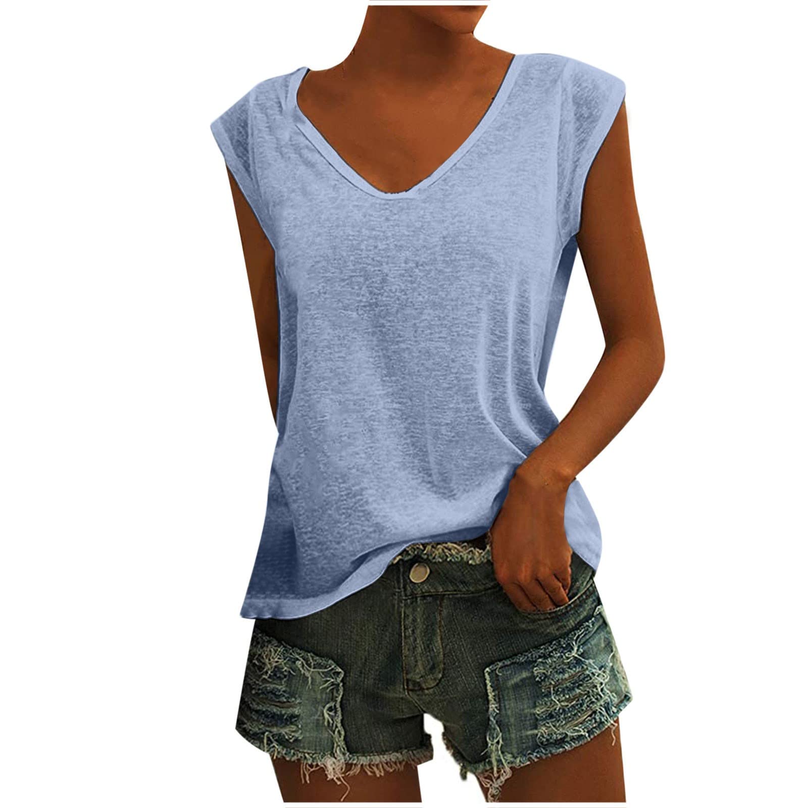 Womens Soft Chiffon Tshirts Shirts Summer V-Neck Sleeveless Basic Tank Tops Going out Loose Comfy Breathable Causal Tops