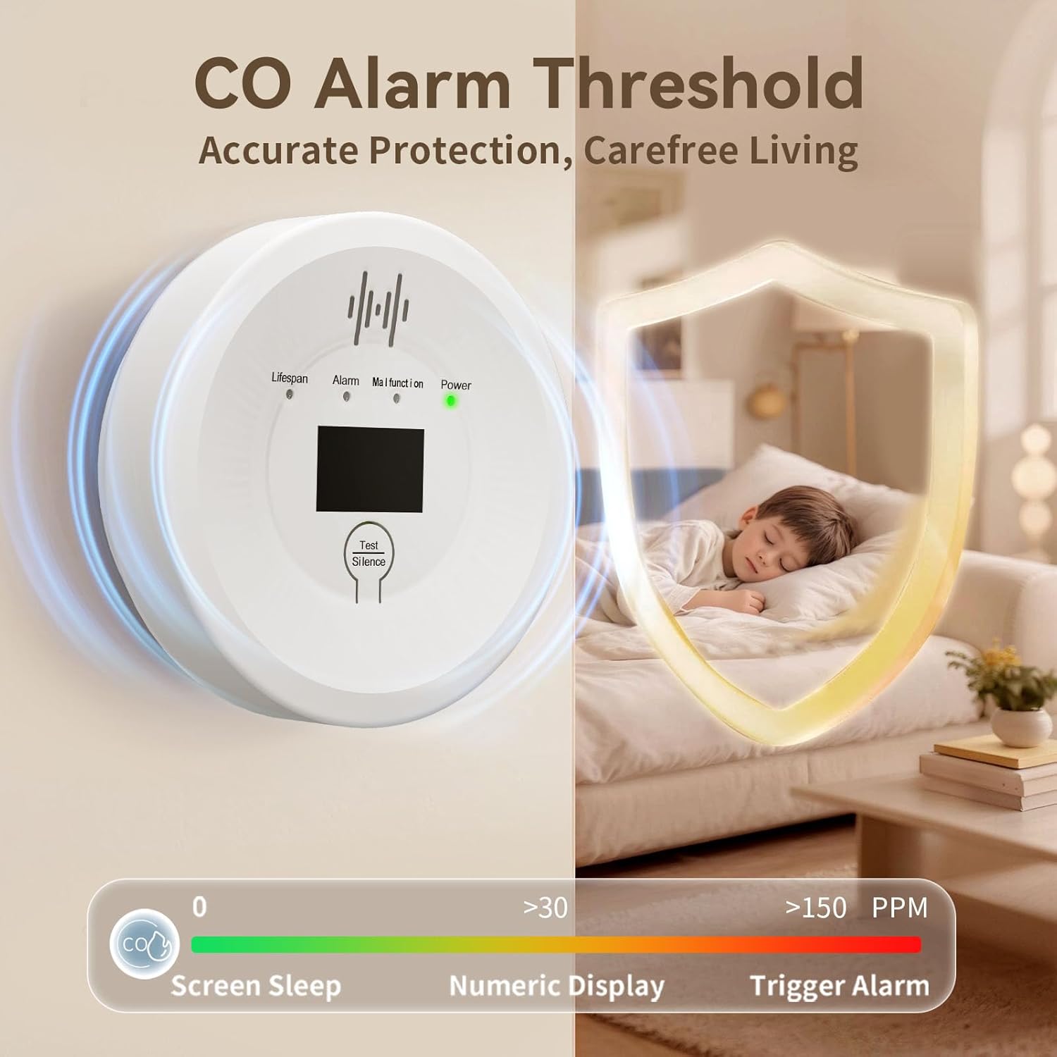 Carbon Monoxide Detectors 90dB Alarm, CO Detector Battery Powered(Not Include), 10-Year Lifespan Carbon Monoxide Alarm with LCD Display for Travel, Home, Kitchen, JA-997, 1 Pack - Image 3