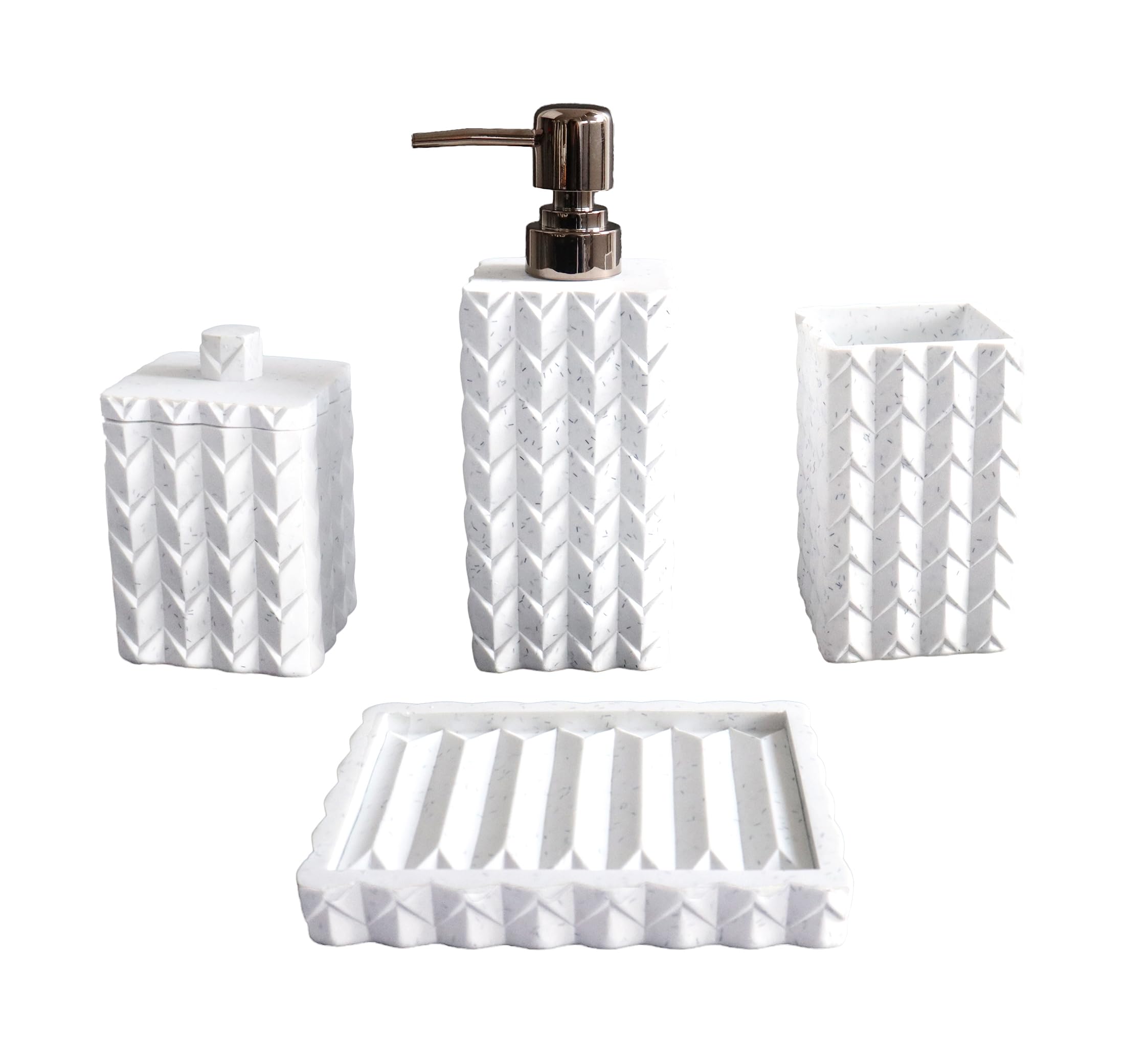 Hymmah Bathroom Accessories Set,Unique Design Bathroom Set 4 Pcs Resin Gift Set Apartment Necessities, Contain Cotton Swab Jar,Soap Dispenser,Soap Dish,Tumbler White