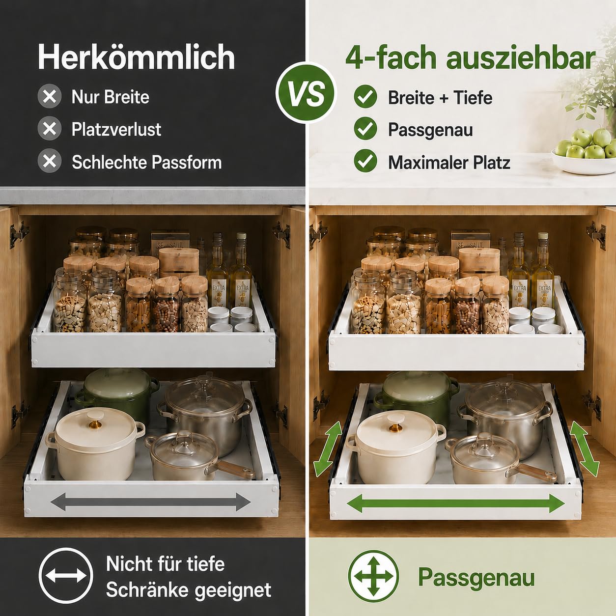 2 Stück 4 Richtungen Teleskopschublade Ausziehbare Küche Schublade, Auszug Nachrüsten Schubladeneinsatz, Küchen und Schrankorganizer mit Klebestreifen (2, Weiß, 12"-19" W x 17"-23" T)