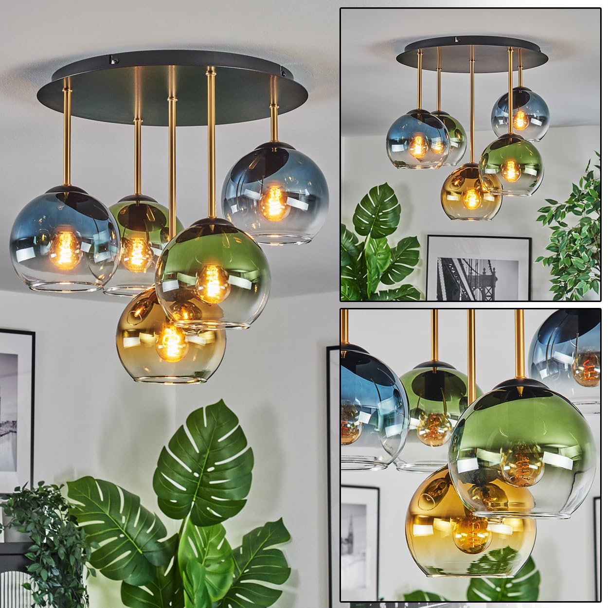 HOFSTEIN Deckenleuchte Koyoto, 5-flammige Deckenlampe aus Metall/Glas in Schwarz/Messing/Blau/Grün/Gold/Klar, Leuchte im Vintage-Design (Schirme Ø 15 cm), E14, Esszimmer, Wohnzimmer, Schlafzimmer