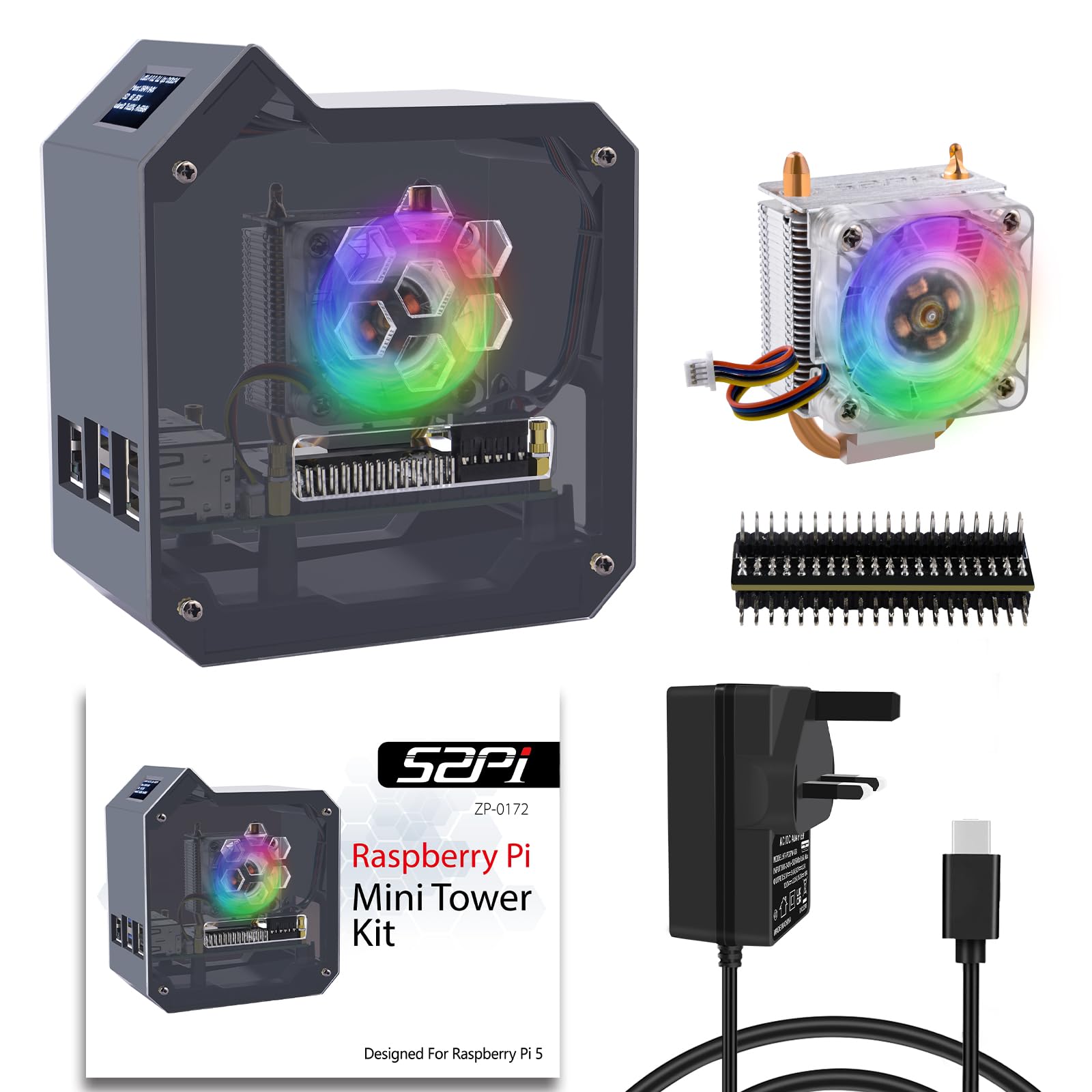 GeeekPiMini Tower Kit with 27W Power Supply for Raspberry Pi 5, Pi 5 Case with ICE Tower Cooler, 0.96'' OLED Module, RGB Fan, Heatsink, GPIO Expansion Board for Raspberry Pi 5 8GB 4GB