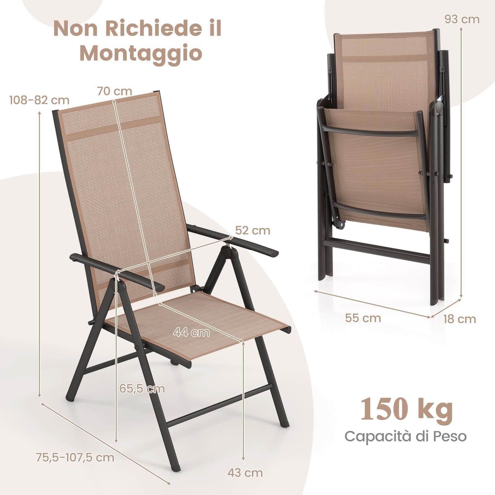 RELAX4LIFE Sedia Pieghevole da Giardino, Schienale Reclinabili a 7 Livelli, Sedia da Esterno Portatili per Giardino, Cortile, Bordo Piscina, Campeggio (Marrone,1)