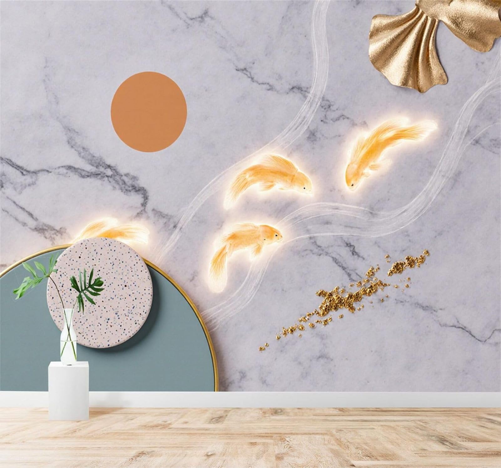 Tzxztt Abstract Sun Golden Fish Shape Flowing Water Marble Texture Modern 3D Wallpaper Premium Textured Silk Neutral Tones Material Ideal for Living Room Bedroom-300cm×210cm