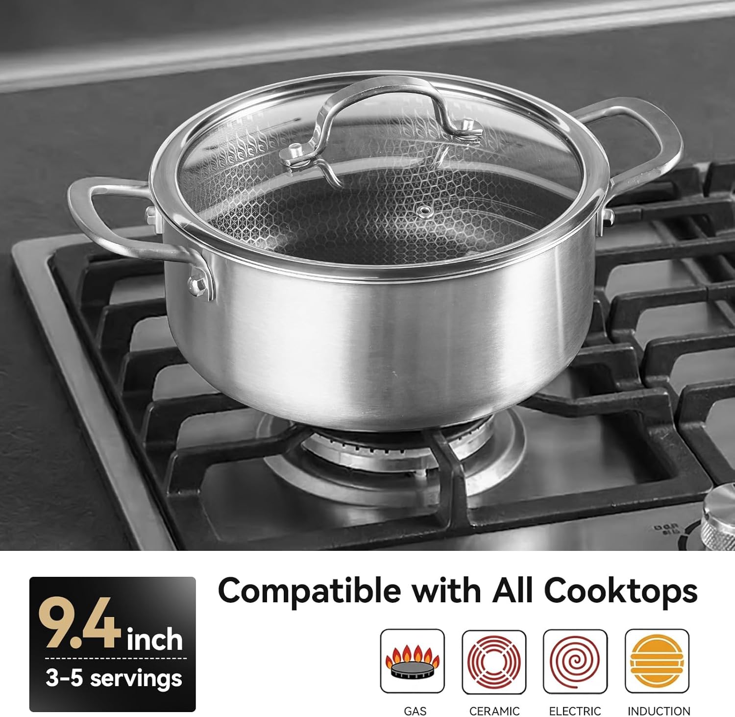 4.6 Qt Stainless Steel Stock Pot with Glass Lid, 9.4 in 3-Ply 18/10 Induction Cooking Pot, Honeycomb Physical Nonstick Soup Pot for Pasta & Stews, PFOA-Free
