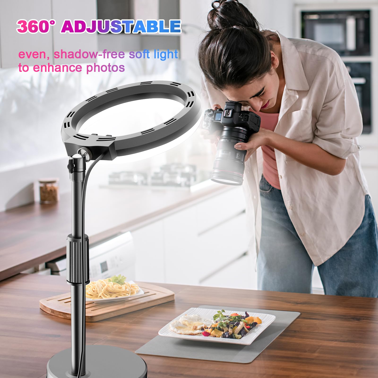 PEYOU Anello luminoso con supporto e supporto per telefono, desktop dimmerabile da 10" 【RGB e LED】 Luce circolare per riunioni Zoom/streaming live/video/YouTube/Tiktok/Vlog