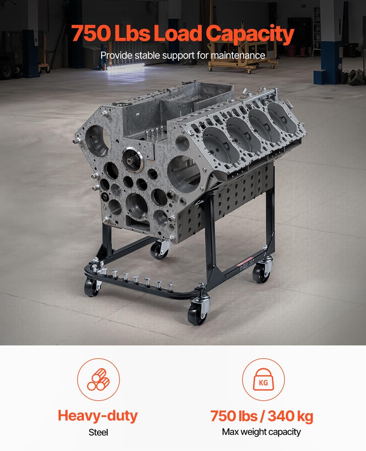 VEVOR Engine Stand, 750 LBS Load Capacity Engine Motor Stand, Heavy-Duty Steel Motor Holder with 4 Swivel Casters and 4 Hook Positions, Suitable for BB-Chevy and GEN-1 SB-Chevy Engines