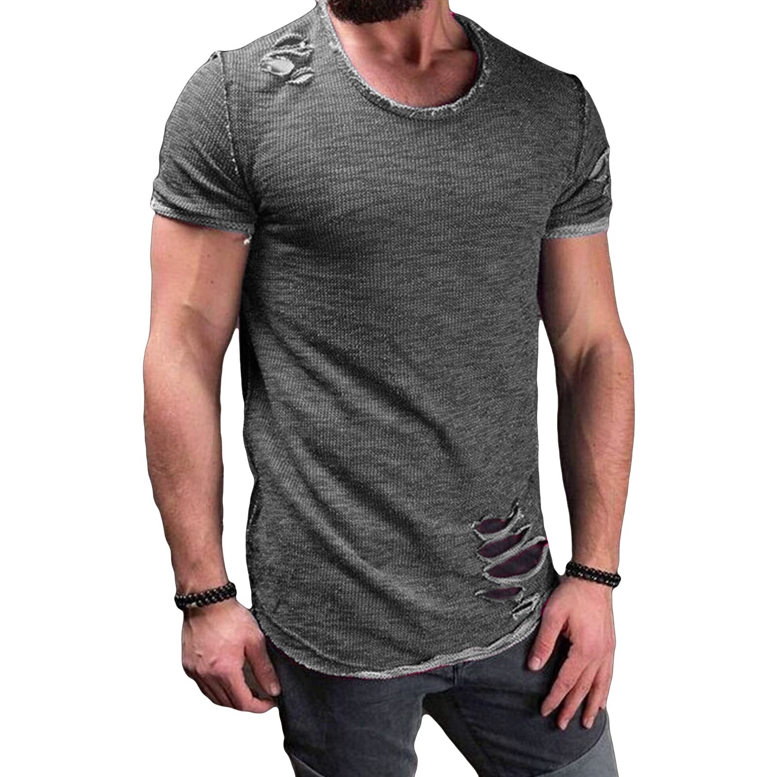 Men's Crew Neck Ripped T-Shirts Casual Muscle Workout Athletic Shirt Solid Color Short Sleeve Destroyed Holes Tee (Grey,Medium)