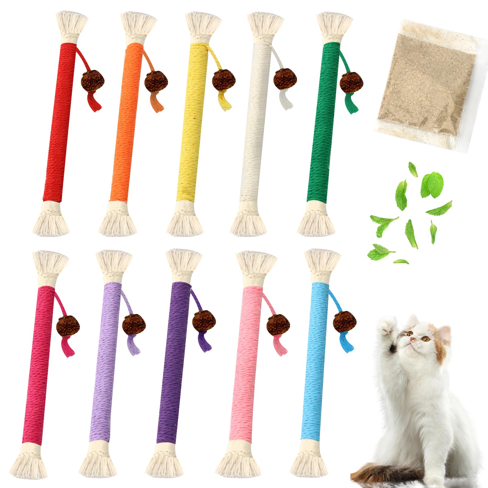 10 PCS Cotton Rope with Chew Rope with Refillable Natural Catnip Cat Toys for Indoor Cats, Interactive Cat Nip Kitten Toys, Safe Teeth Cleaning for Kittens (Plus 1 Pack of Catnip)