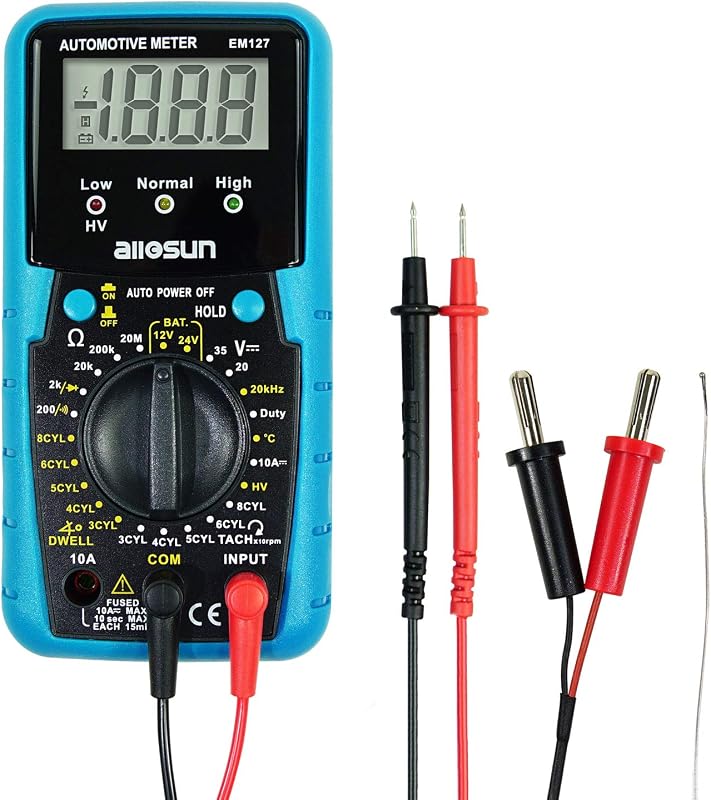 allsun Automotive Multimeter DMM DC Volt Ohm Temp Frequency Diode & Continuity Tester Automotive Diagnosis Tester Test RPM Dwell Angle