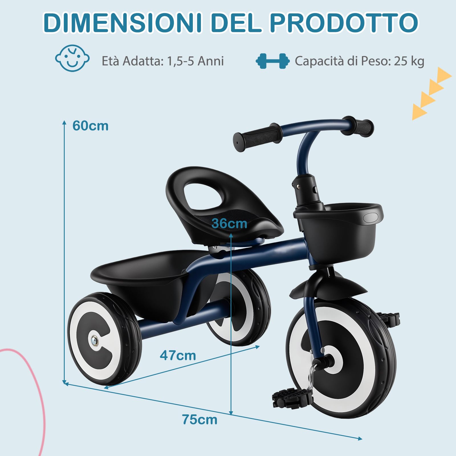 COSTWAY Triciclo per Bambini, Trike con Sede Regolabile Cestini Anteriori e Posteriori, Bicicletta a 3 Ruote con Telaio in Ferro Carbonioso di Alta Resistenza, per Bambini 1,5-5 Anni (Blu)